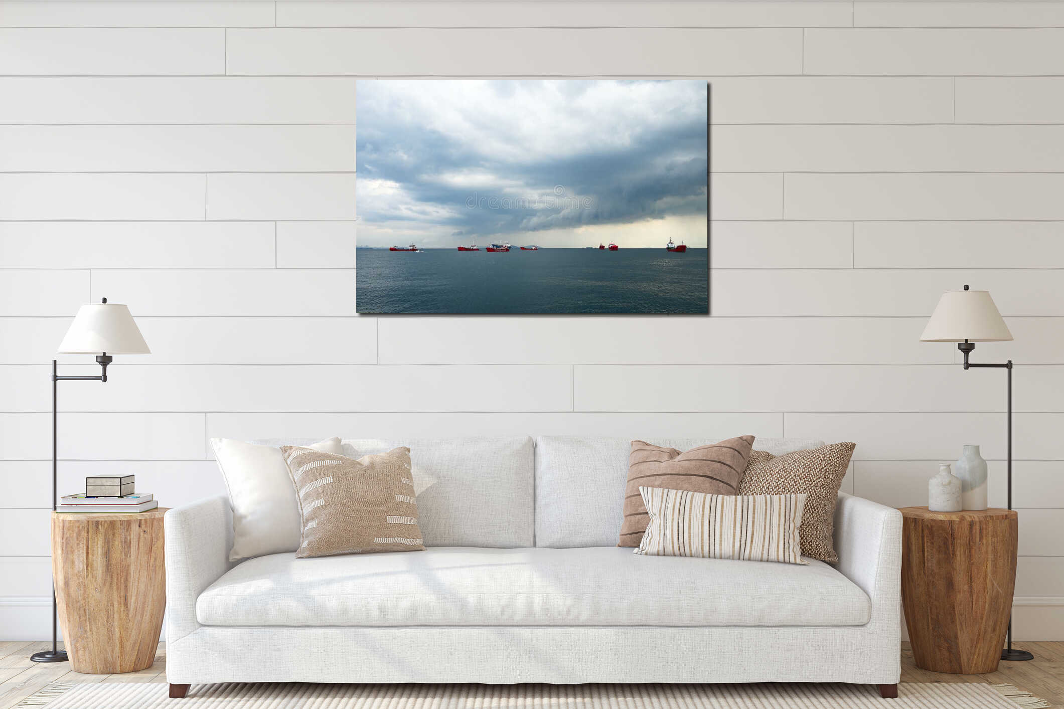 Overcast sky with clouds over freight ships in harbor in Marmara Sea near Istanbul interior mockup