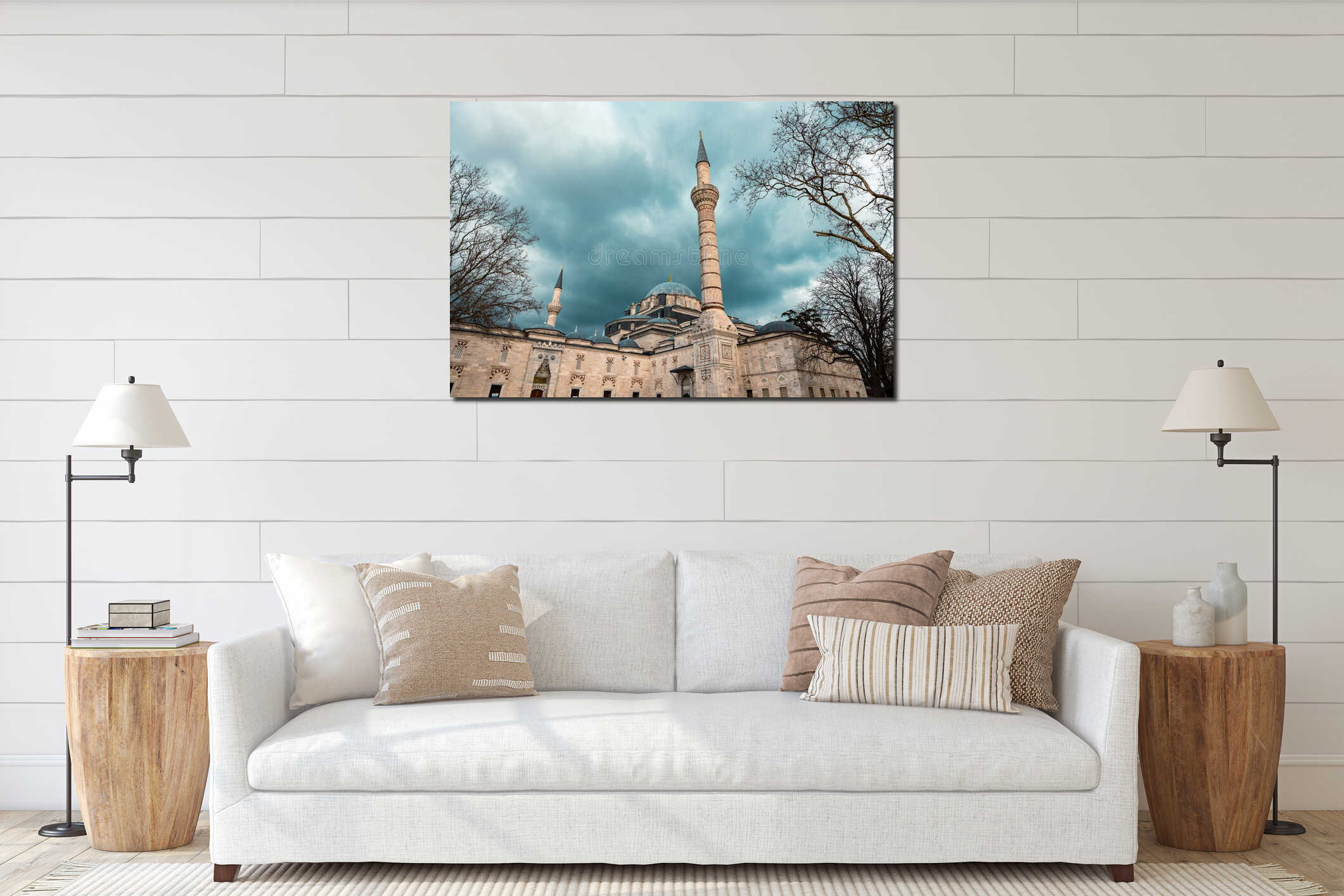 Beyazit or Bayezid Mosque in Istanbul with dramatic cloudy sky interior mockup