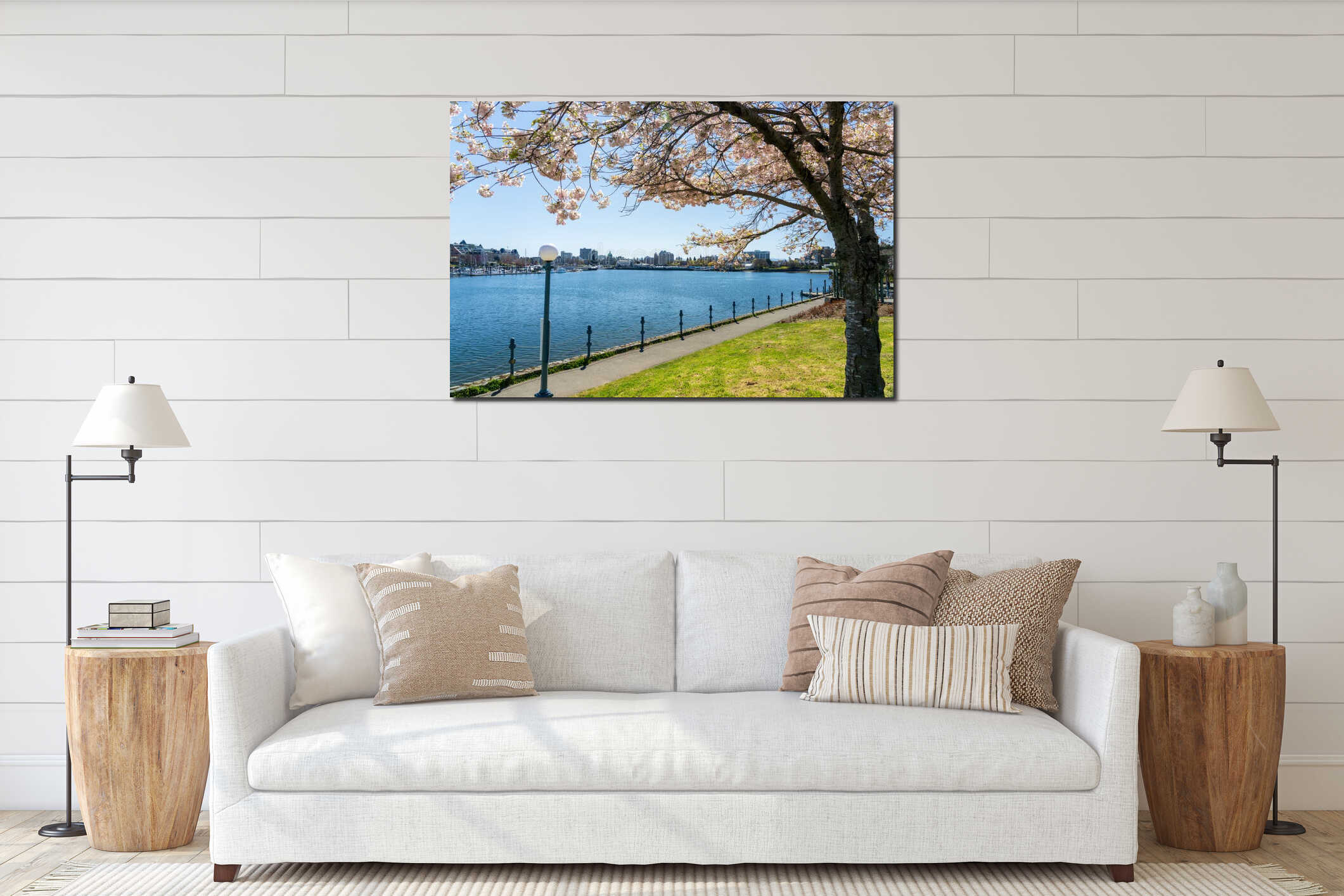 Songhees Point Park Walkway. Full bloom cherry blossom during springtime. Victoria Inner Harbour. interior mockup