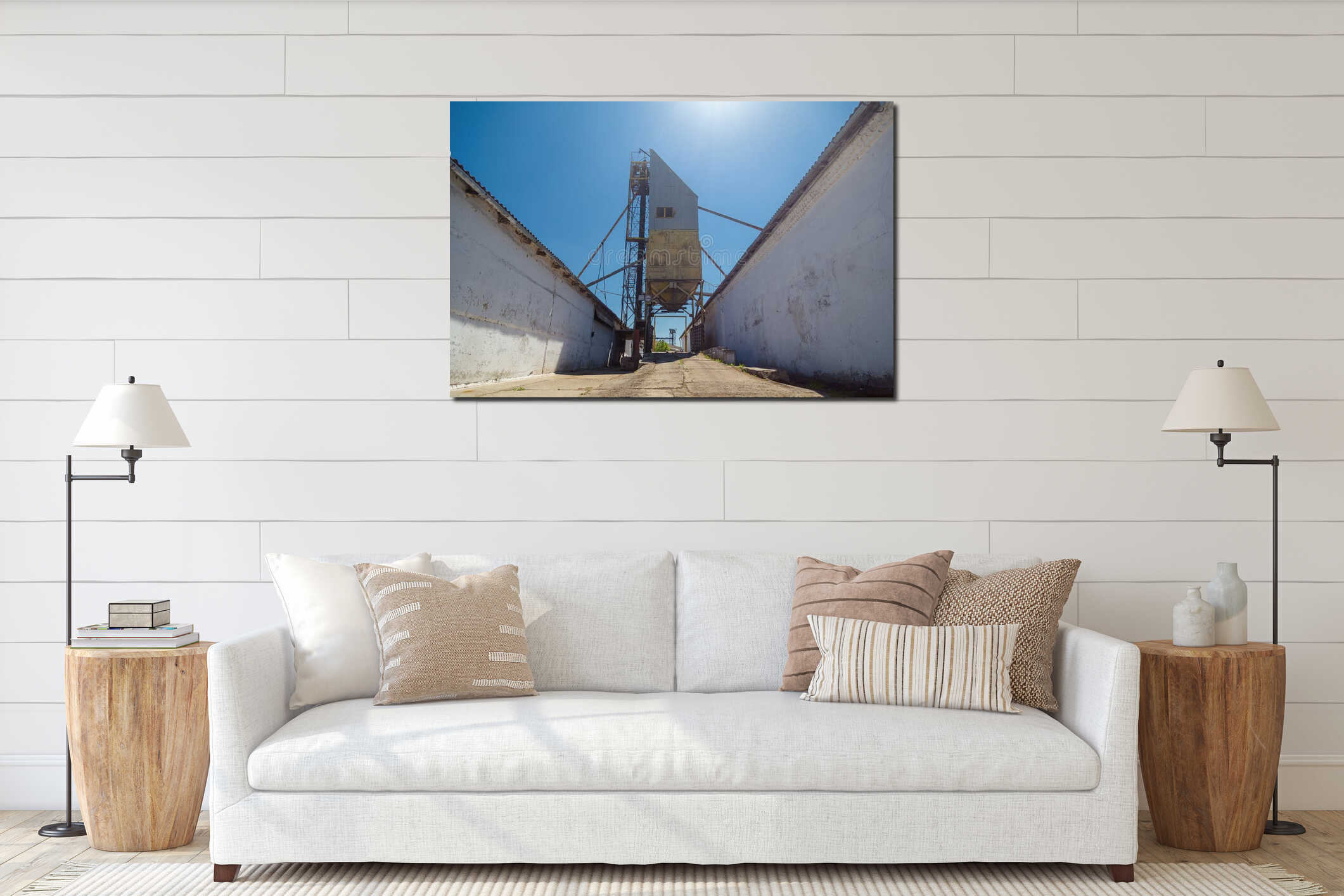 Place for loading of grain and crops in trucks from granary elevator storage before export, blue sky background interior mockup