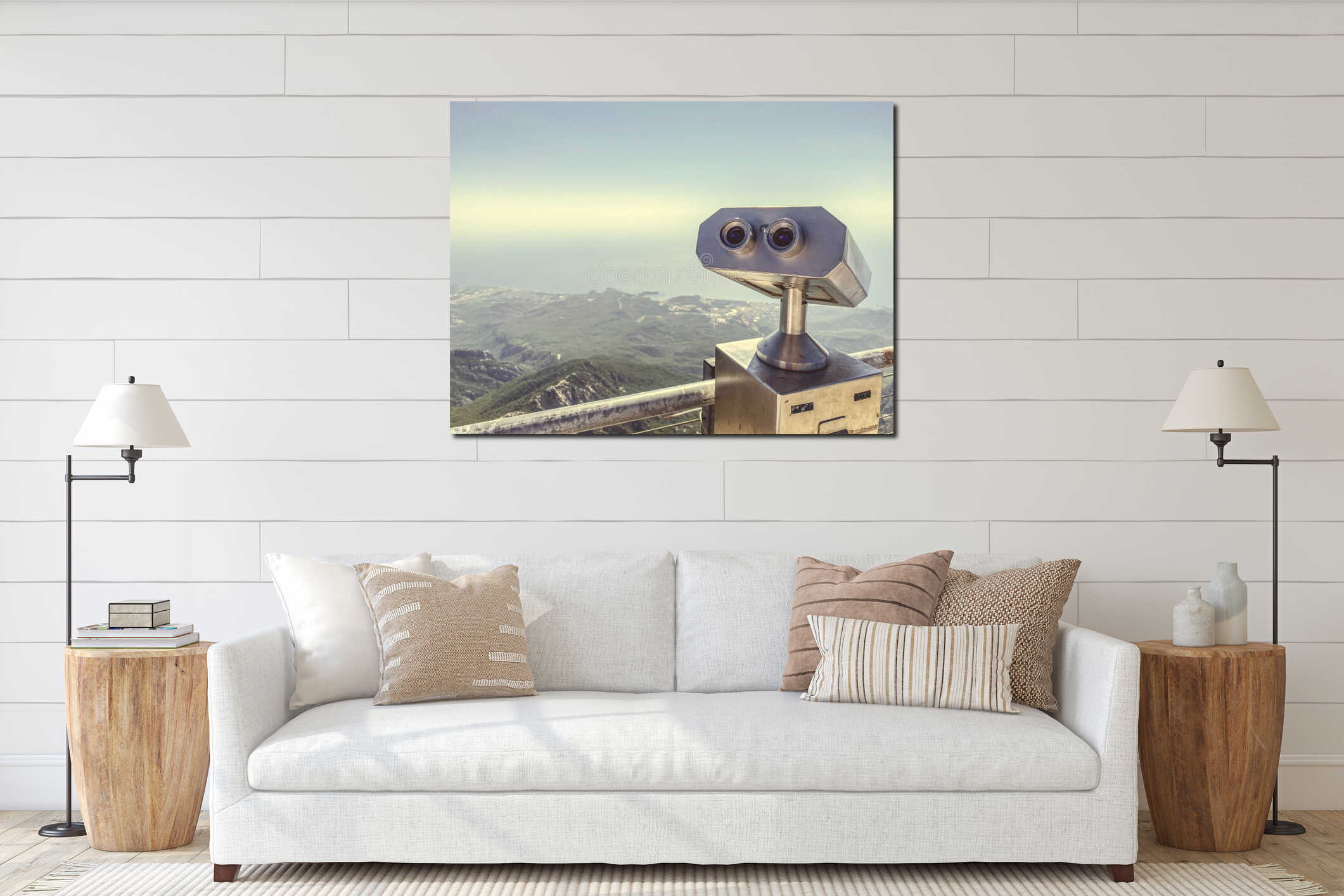 Binoculars on an observation deck made of gray metal. sightseeing tour, observing the view from the mountains. binoculars against interior mockup