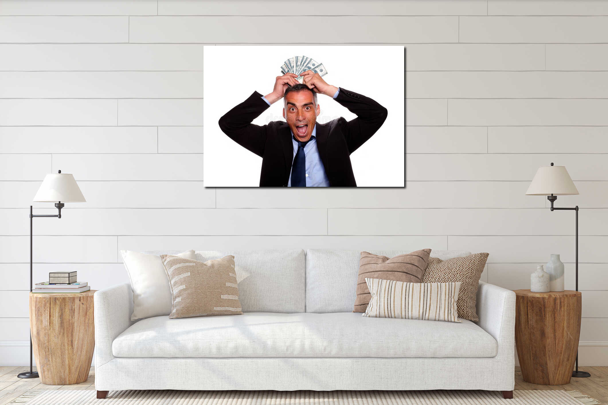 Victorious mature person with cash money interior mockup