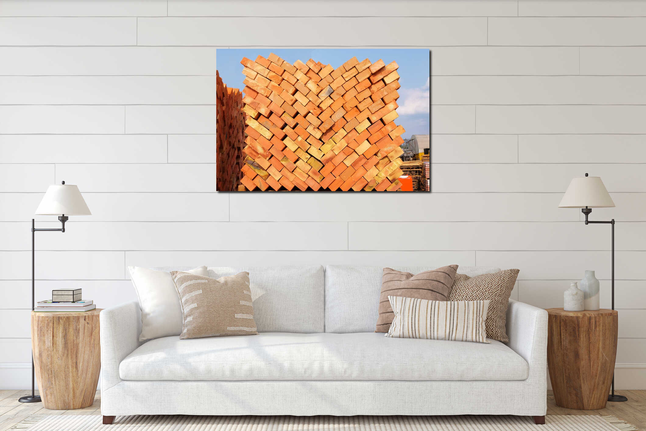 Construction Materials. Building materials for construction of building s and structures. Pile of red bricks at construction site interior mockup