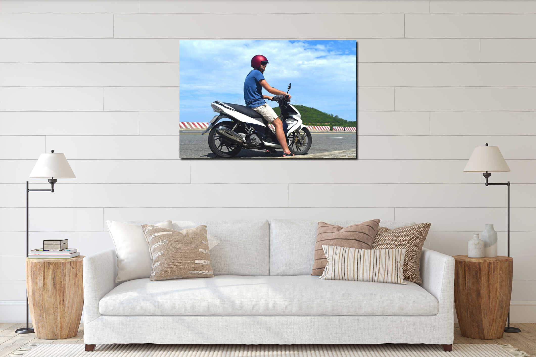 Young man motorbike driver driving in vietnam interior mockup