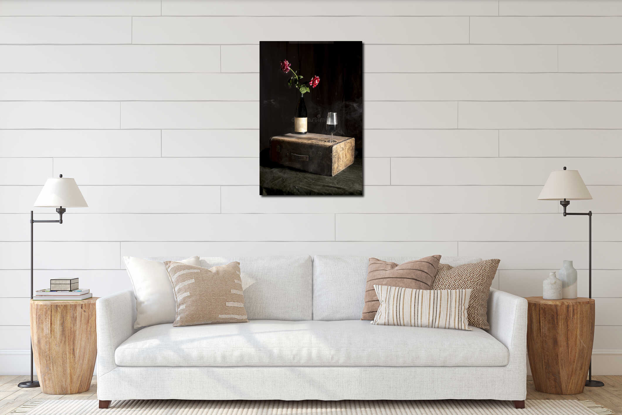 still life bottle and glass of wine  with red roses, high contrast, black background interior mockup