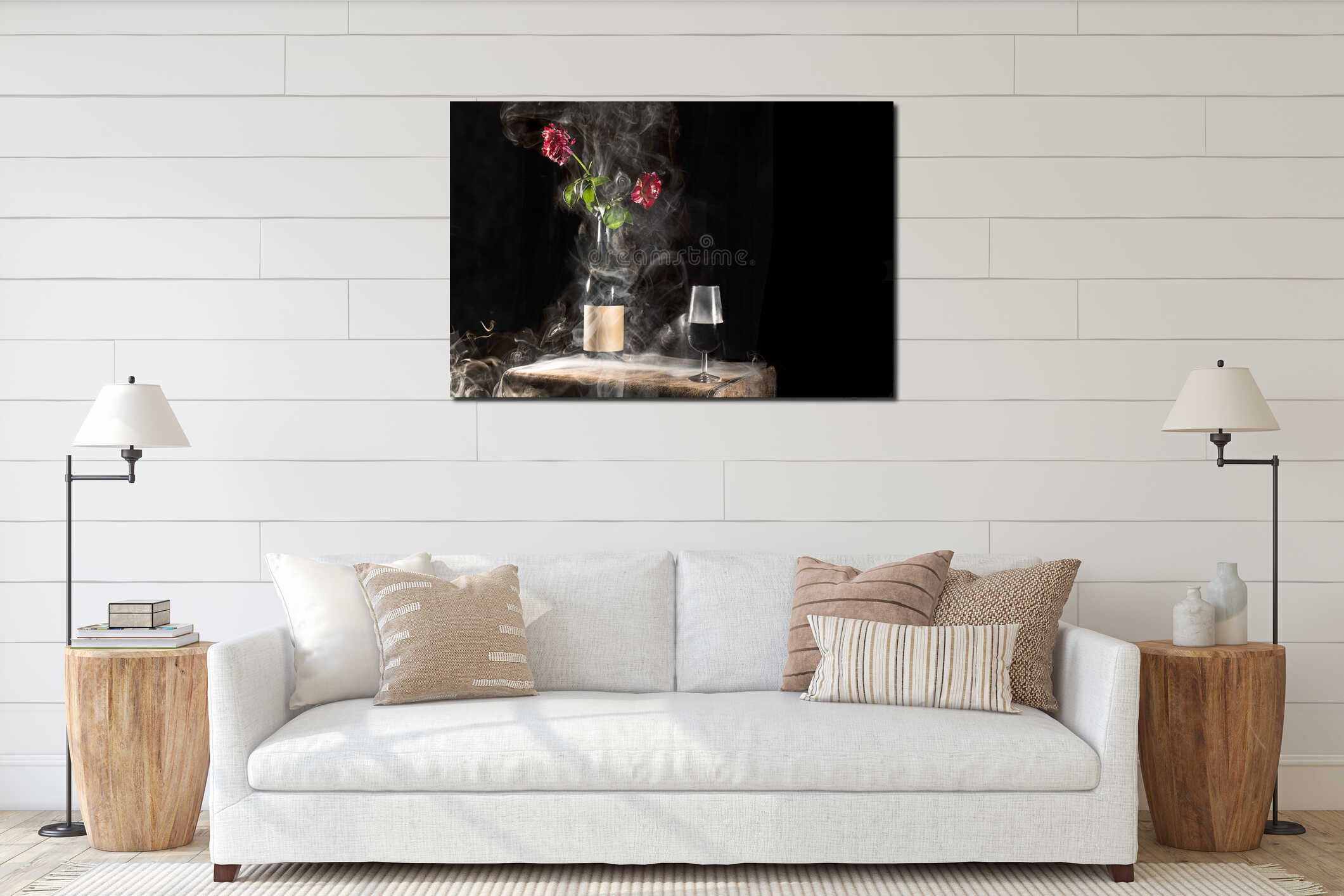 still life bottle and glass of wine filled with white smoke with red roses, high contrast, black background interior mockup