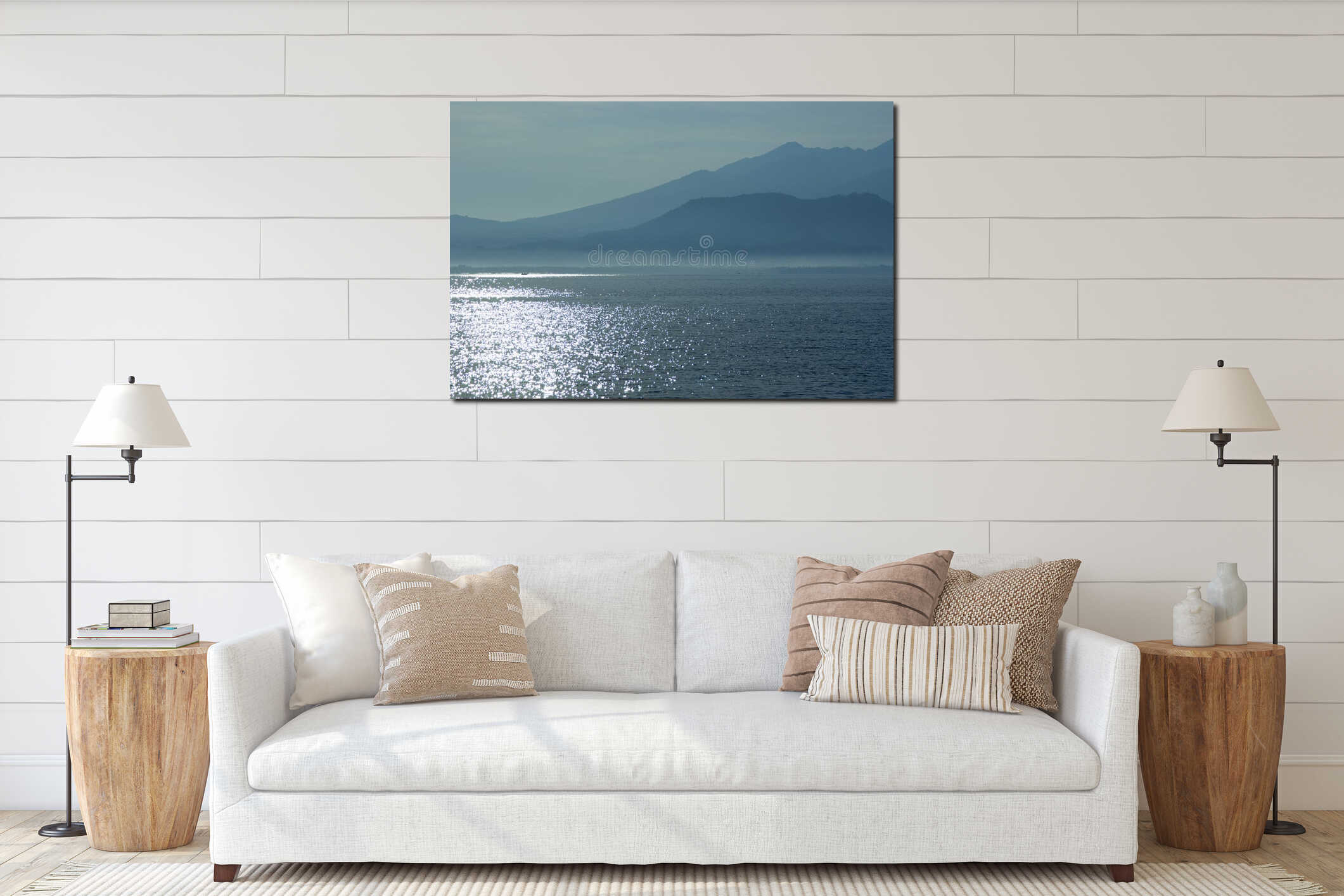 Bright shiny sunrise on sea with blue mountains in haze on horizon, sunny calm sea and sun glares on water. Fresh sunny morning. interior mockup