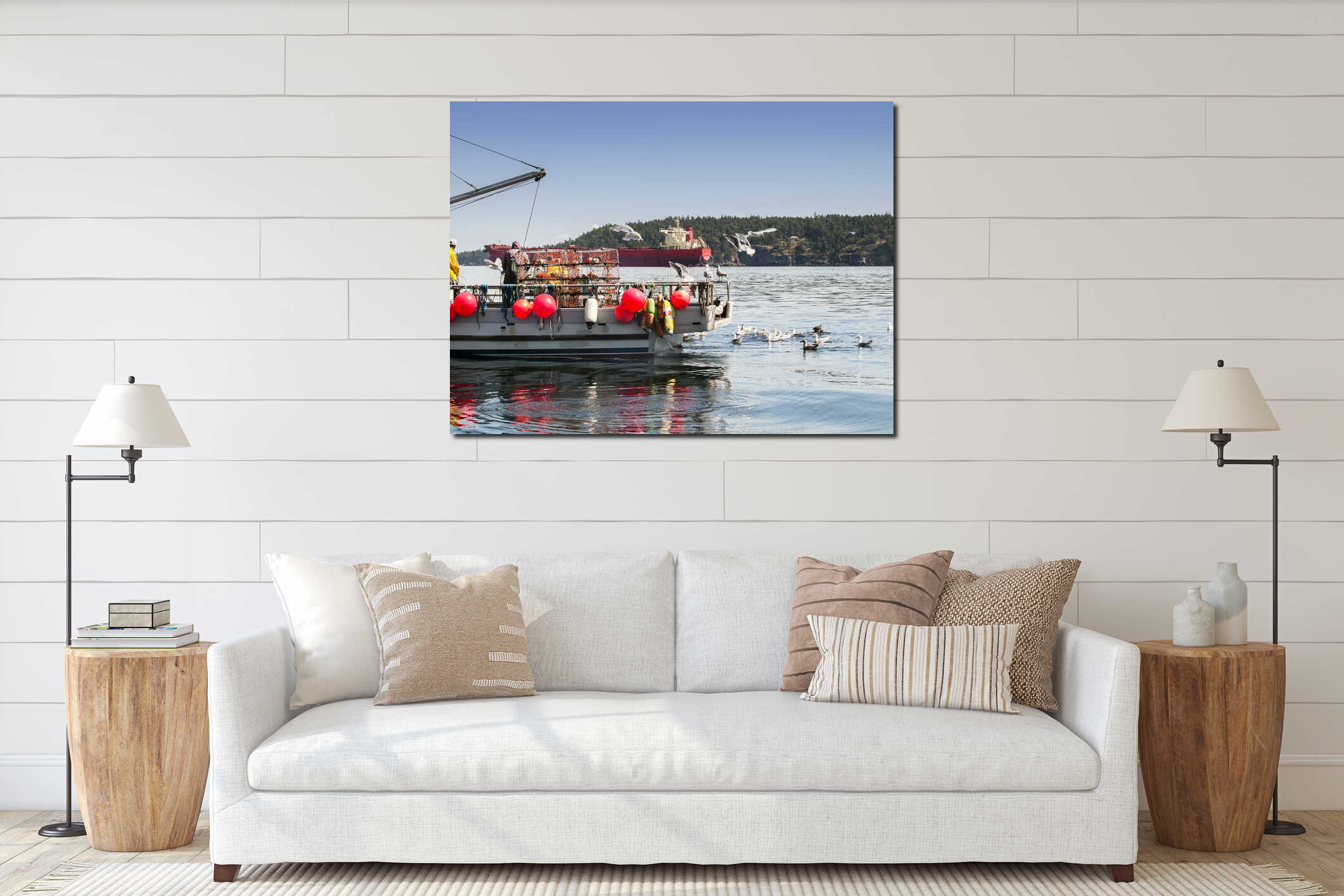 Men working on crab boat interior mockup