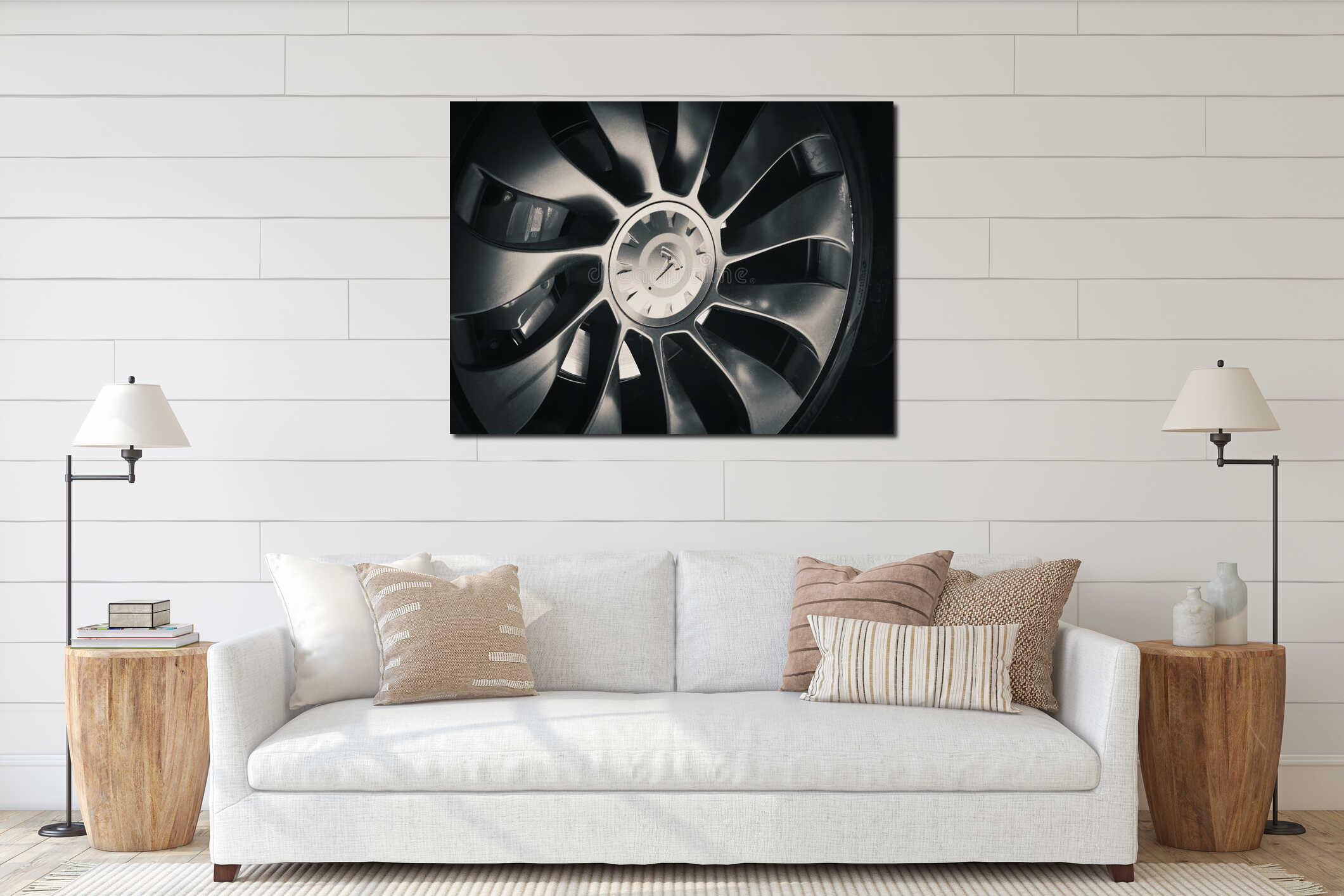 Close up detail with the Tesla electric car manufacturer logo on the rim wheel interior mockup