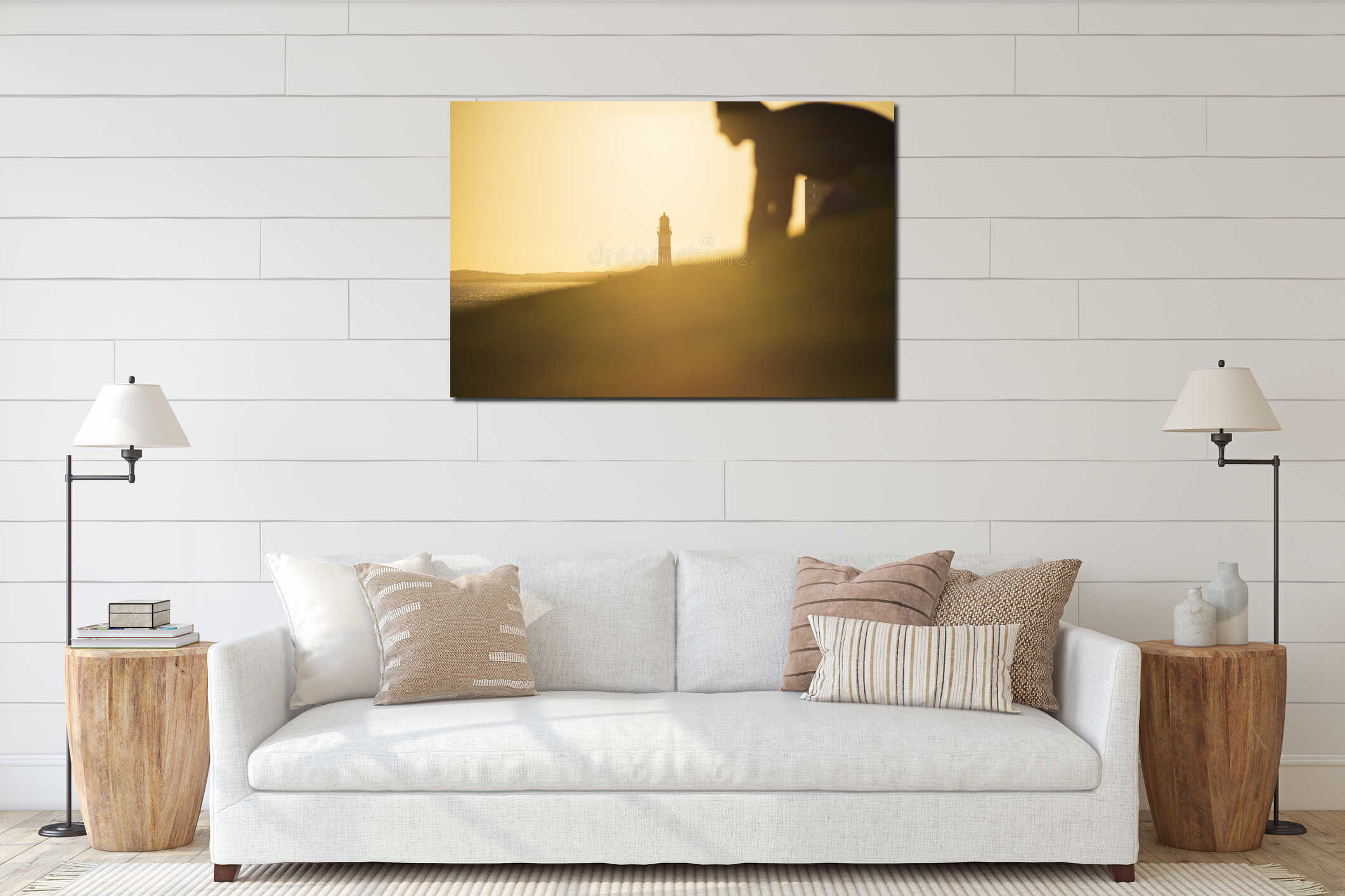 Silhouette of a maritime lighthouse against the sunset interior mockup