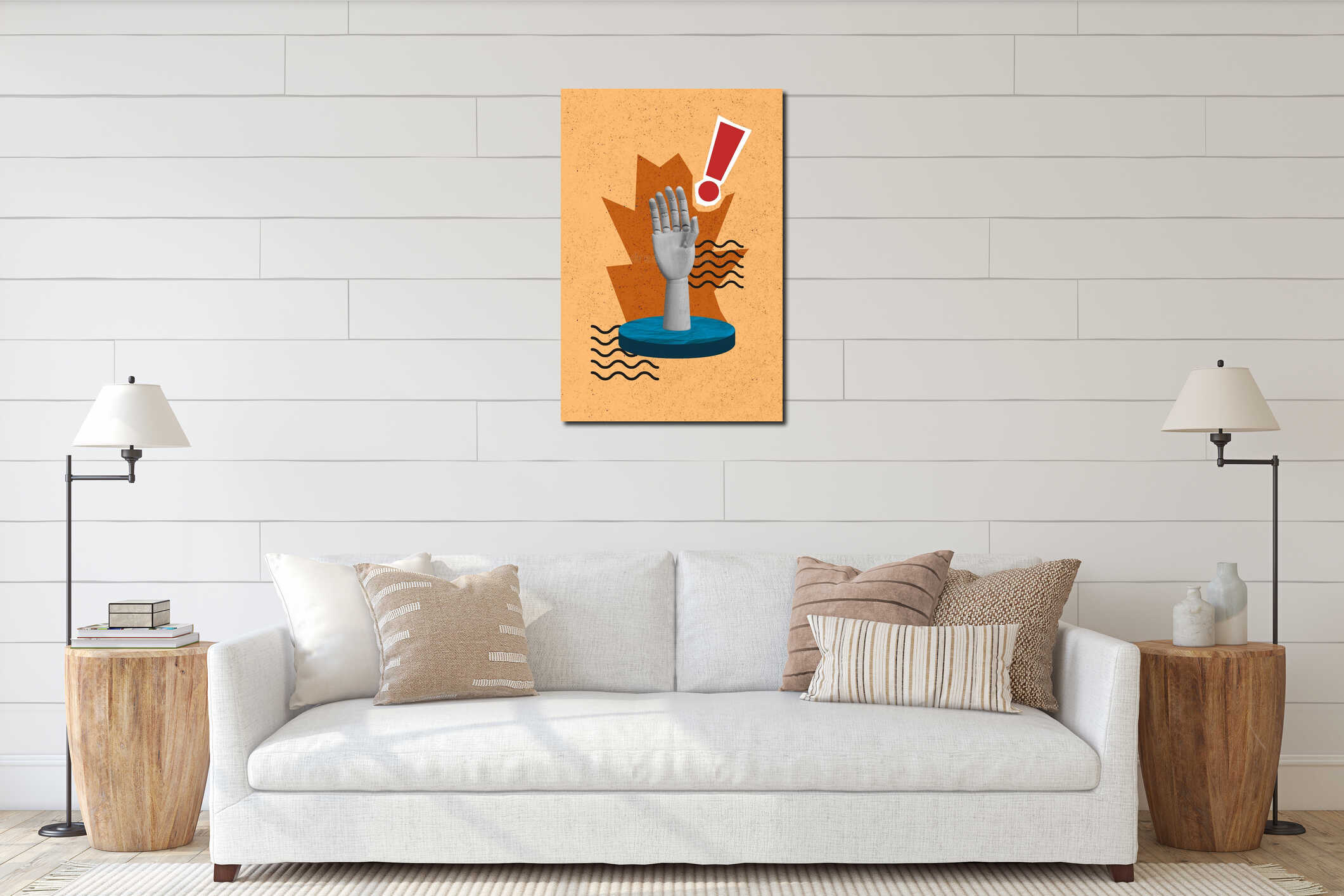 Vertical composite collage picture of wooden hand palm black white gamma drowning water creative drawing painting interior mockup