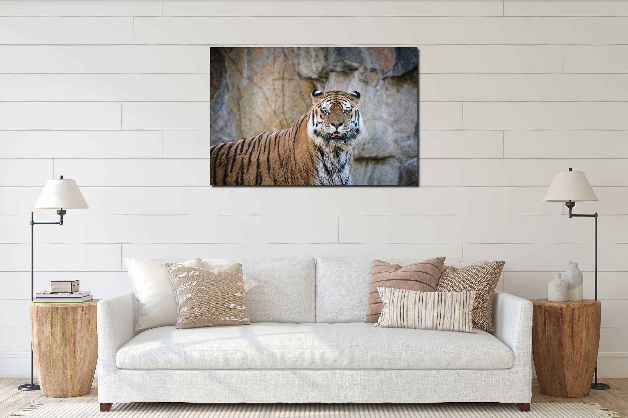 Siberian tiger. Elegant big cat. endangered predator. white,black,orange striped fur interior mockup