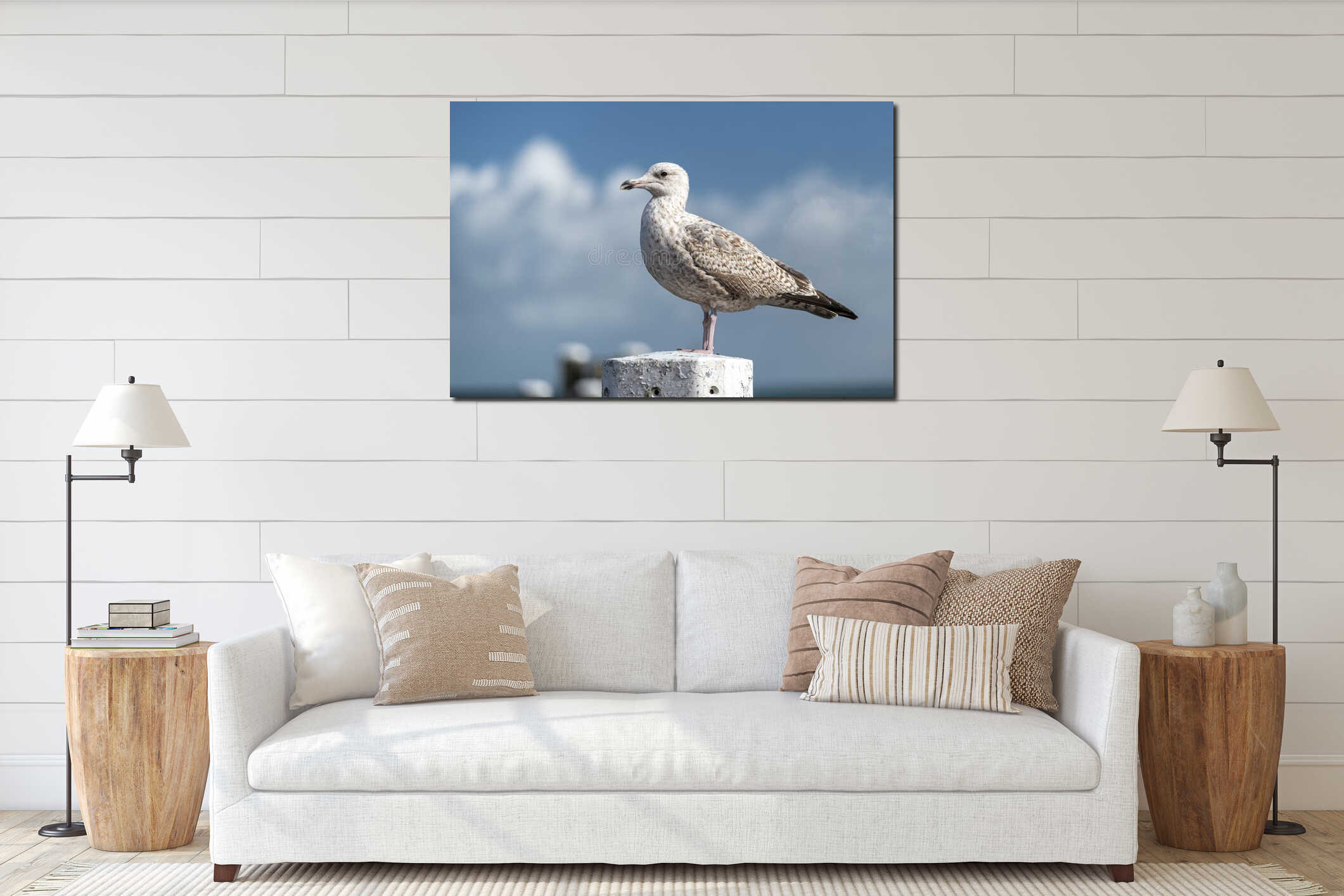 Young seagull Larus marinus on a mooring post interior mockup