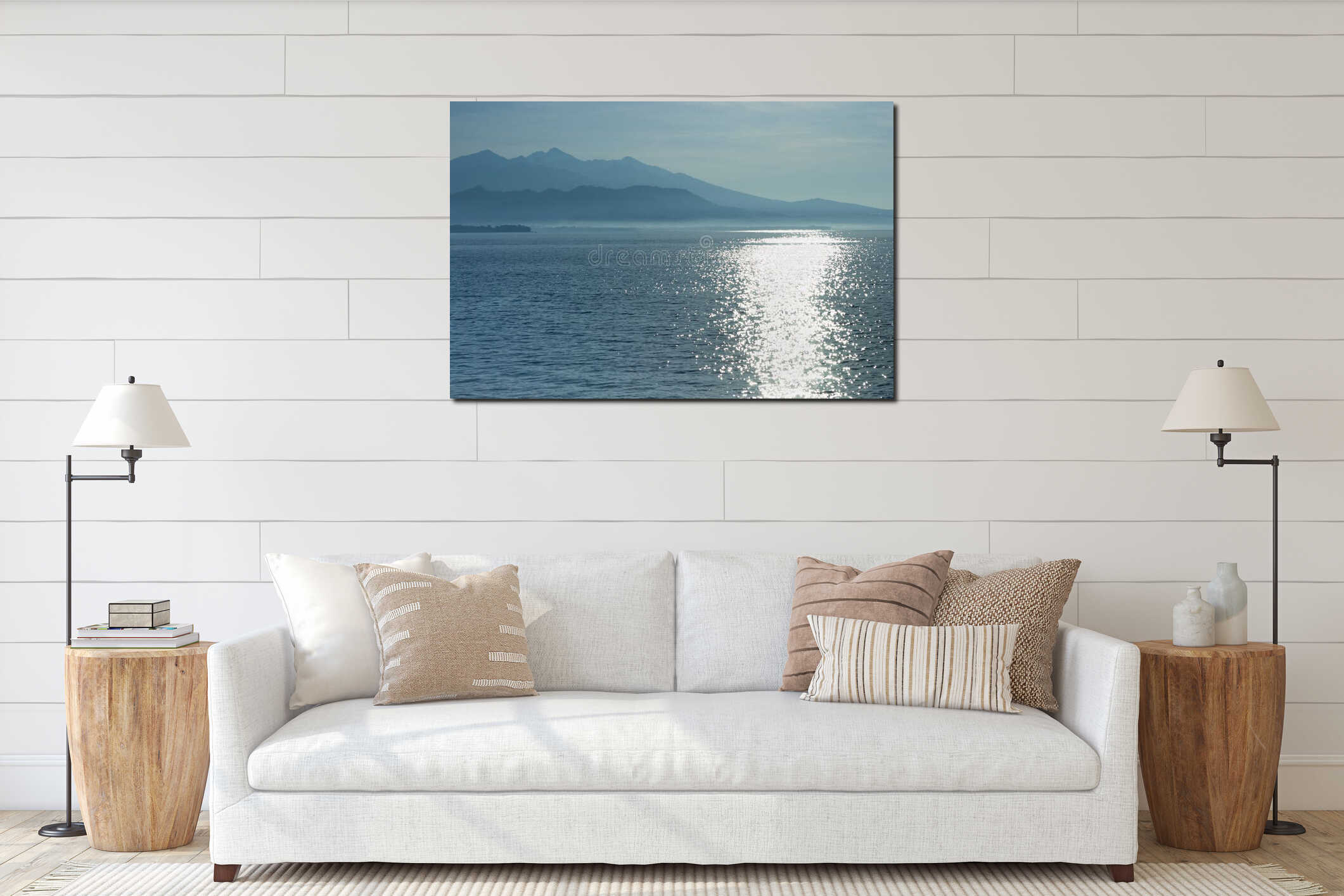Bright shiny sunrise on sea with blue mountains in haze on horizon, sunny calm sea and sun glares on water. Fresh sunny morning. interior mockup