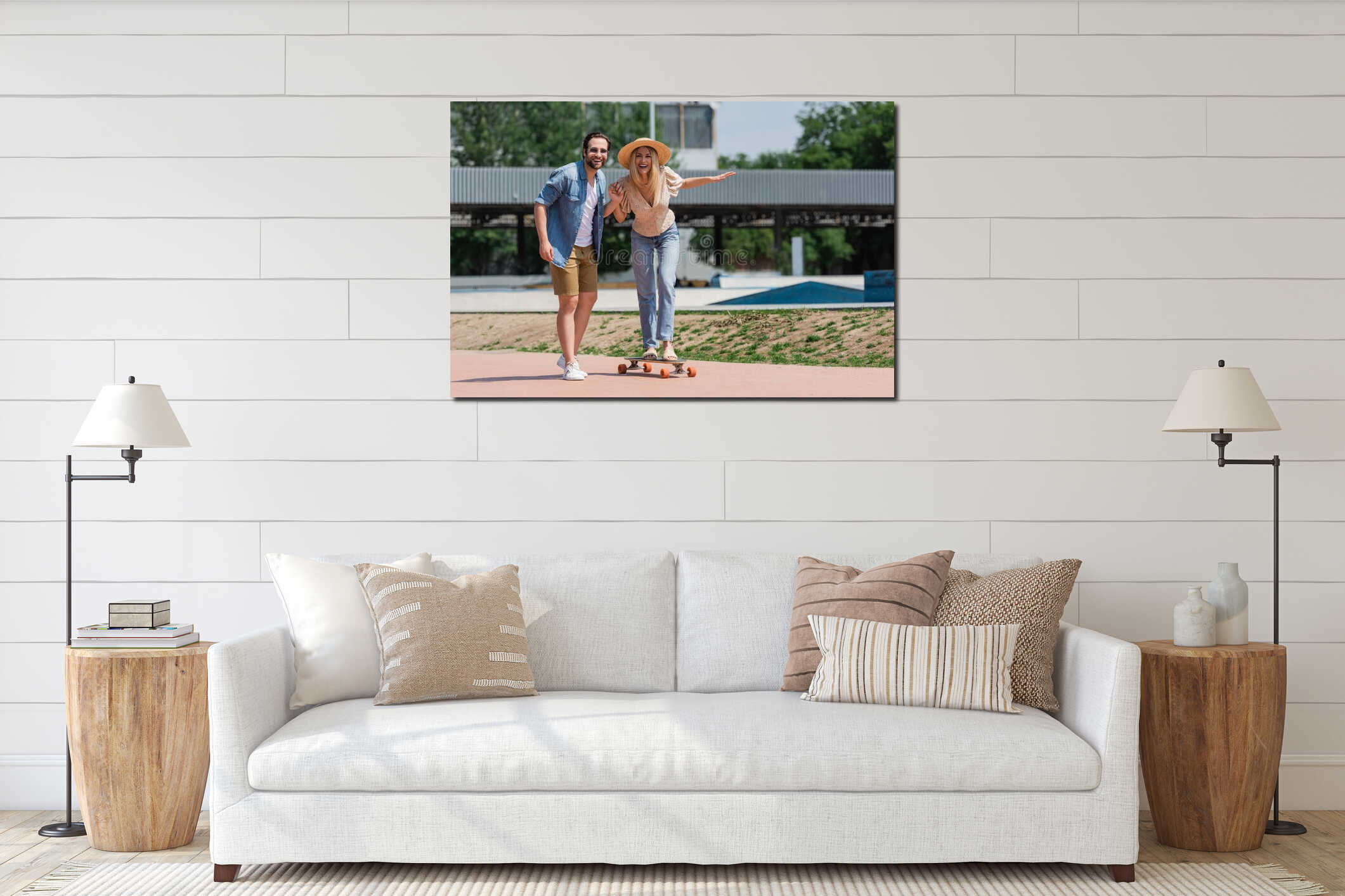 Positive couple holding hands and looking interior mockup