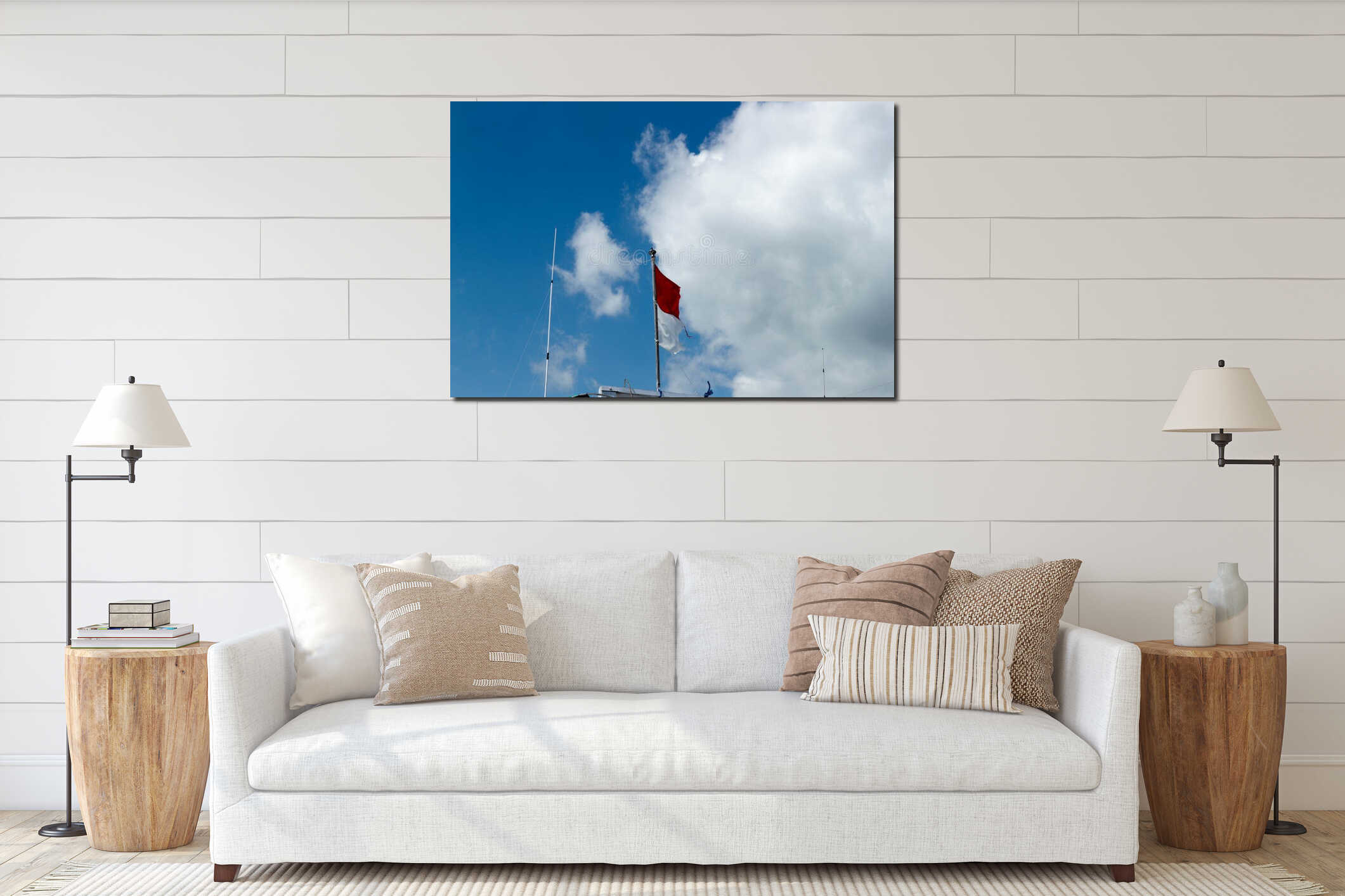 Indonesian flag on a fishing boat mast interior mockup