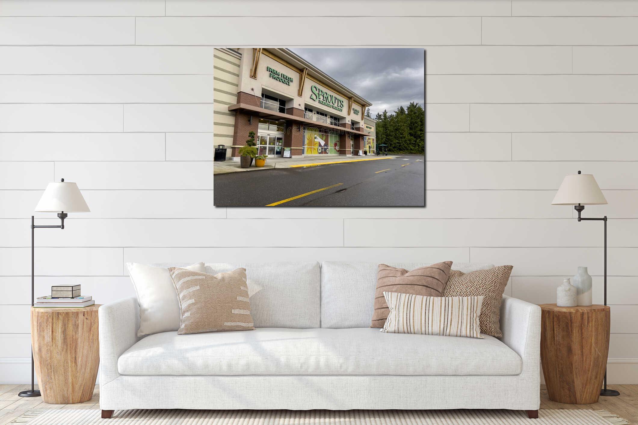 Mill Creek, WA USA - circa June 2022: Angled view of the exterior of a Sprouts Market on an overcast day interior mockup