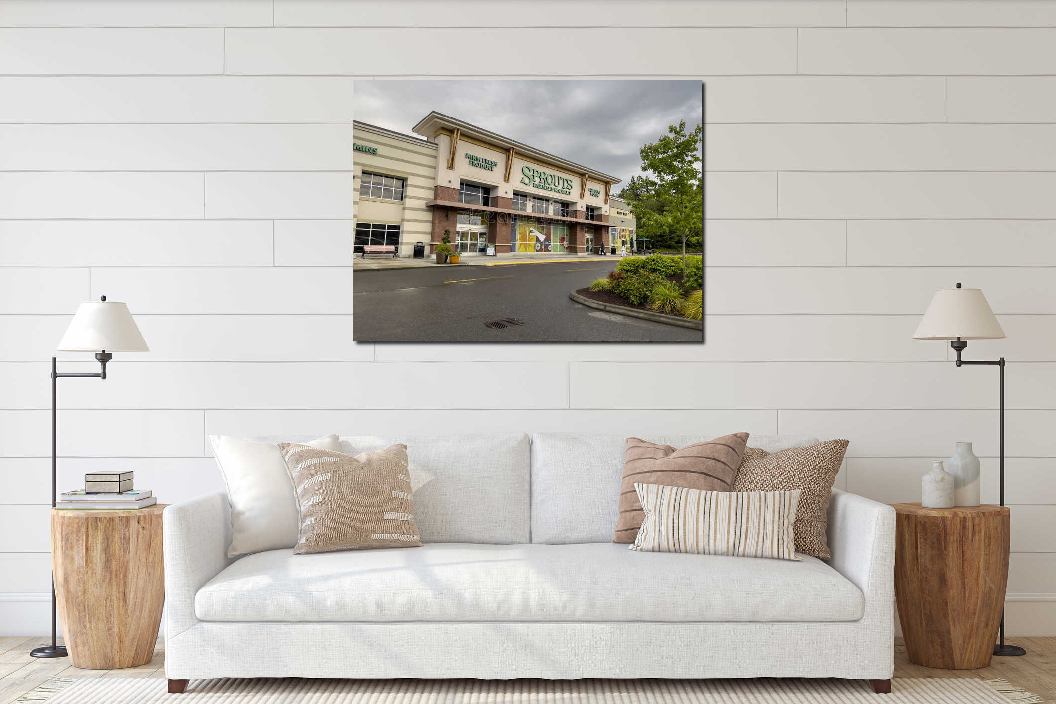 Mill Creek, WA USA - circa June 2022: Angled view of the exterior of a Sprouts Market on an overcast day interior mockup