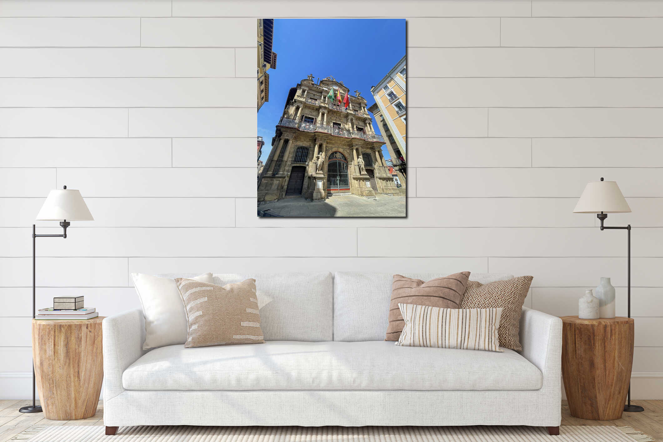Wide angle view of the main facade of the Pamplona city hall, Navarra, Spain, vertical contrapicado point of view, low angle view interior mockup