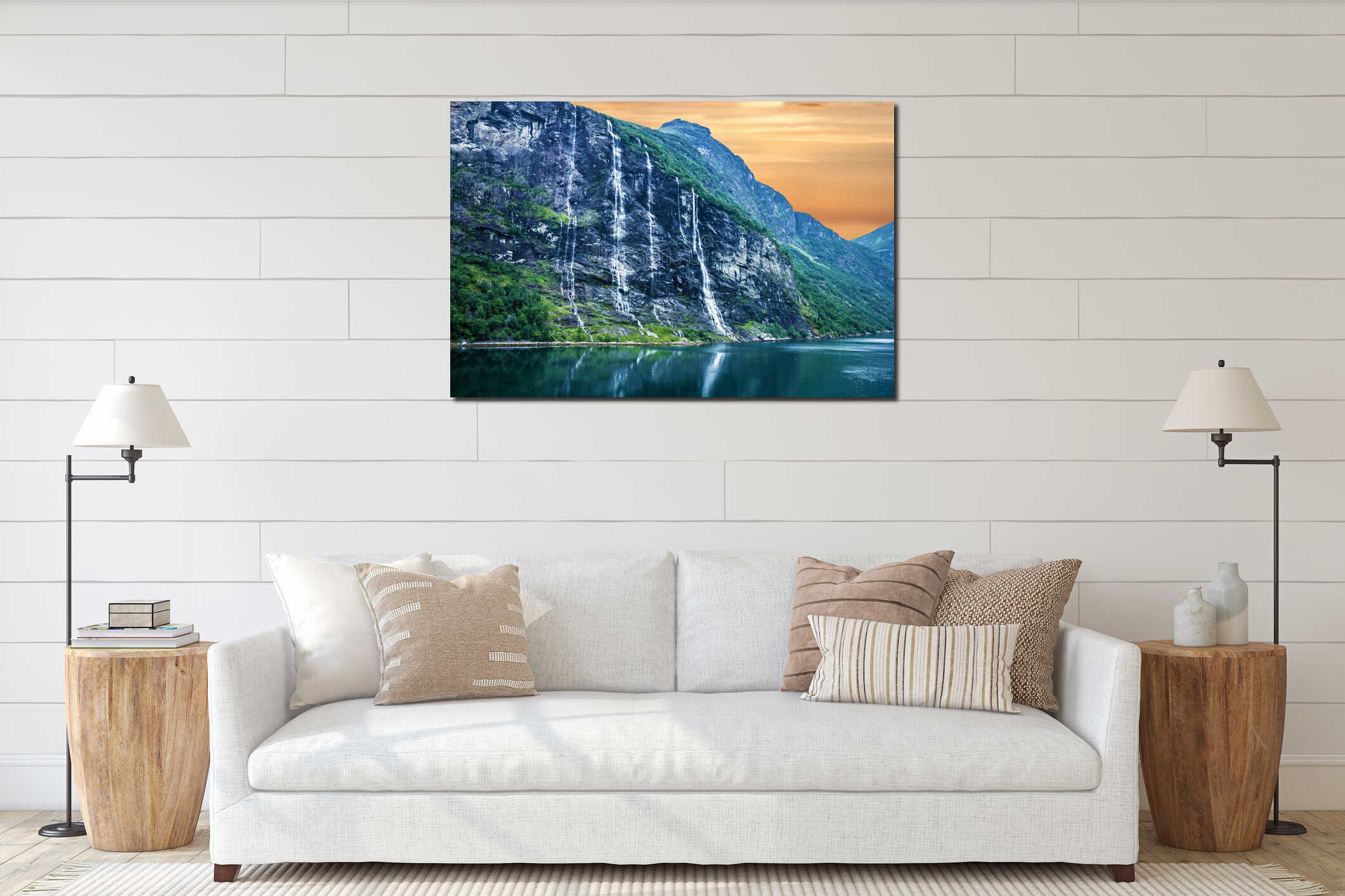 Geiranger fjord, Norway: waterfalls landscape interior mockup
