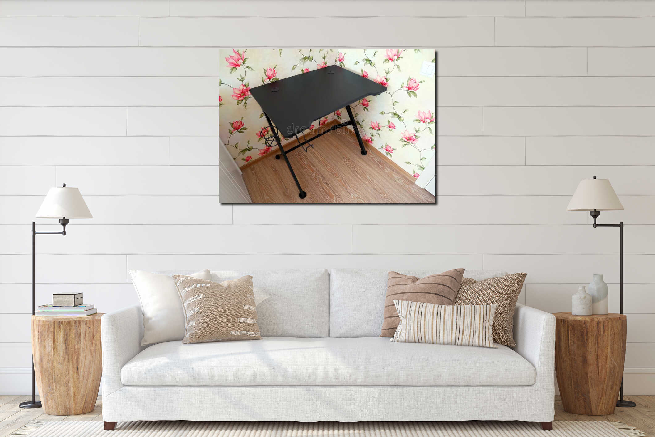 Computer gaming table. Black desk for computer, laptop and appliances interior mockup