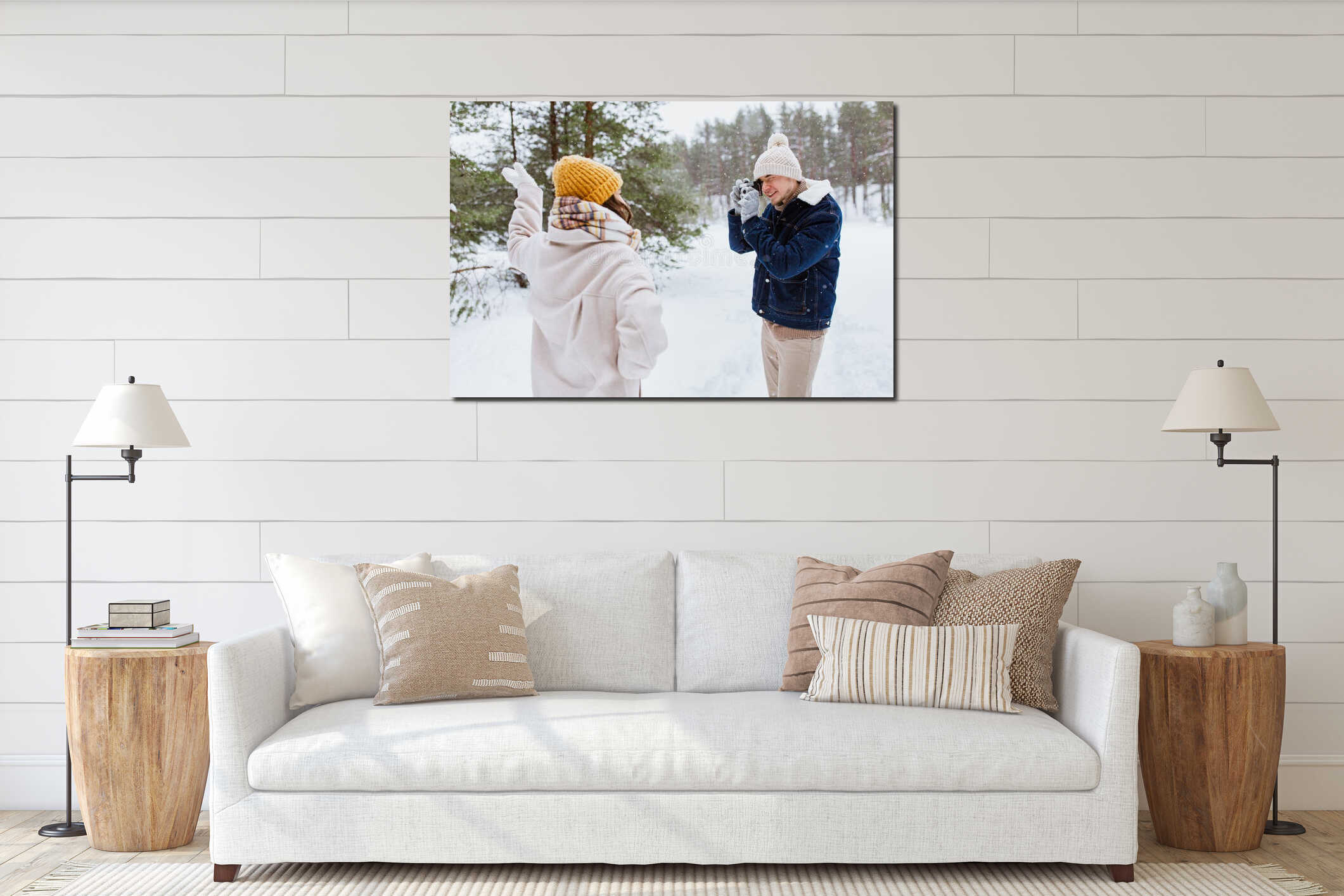 happy man photographing woman in winter forest interior mockup