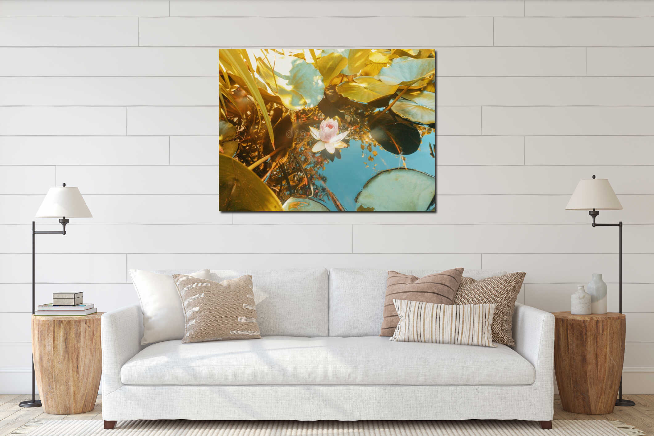 Colorful summer positive flower in the pond, pink water lilly lotus floating. Tropic background. interior mockup