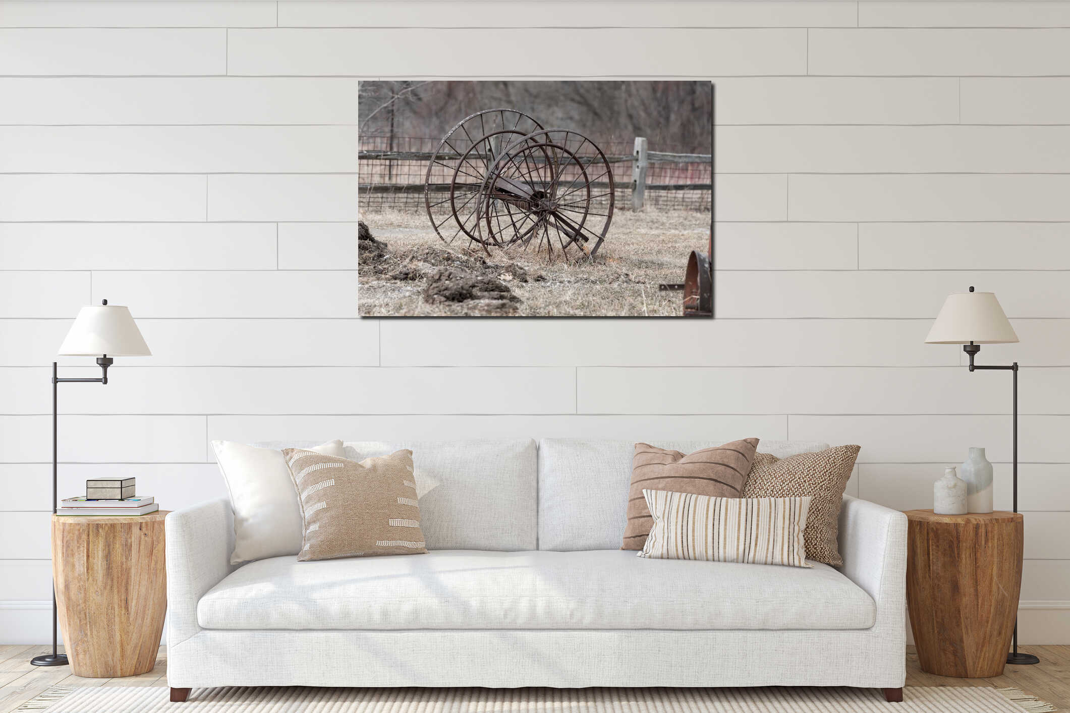 Old rusty farm equipment in the farm land interior mockup