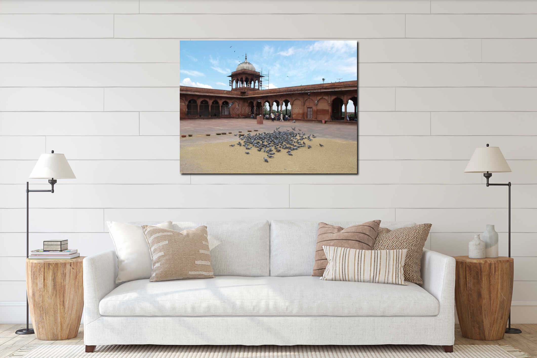 Pigeons in the great square inside the Jama Masjid Mosque in New Delhi, India interior mockup