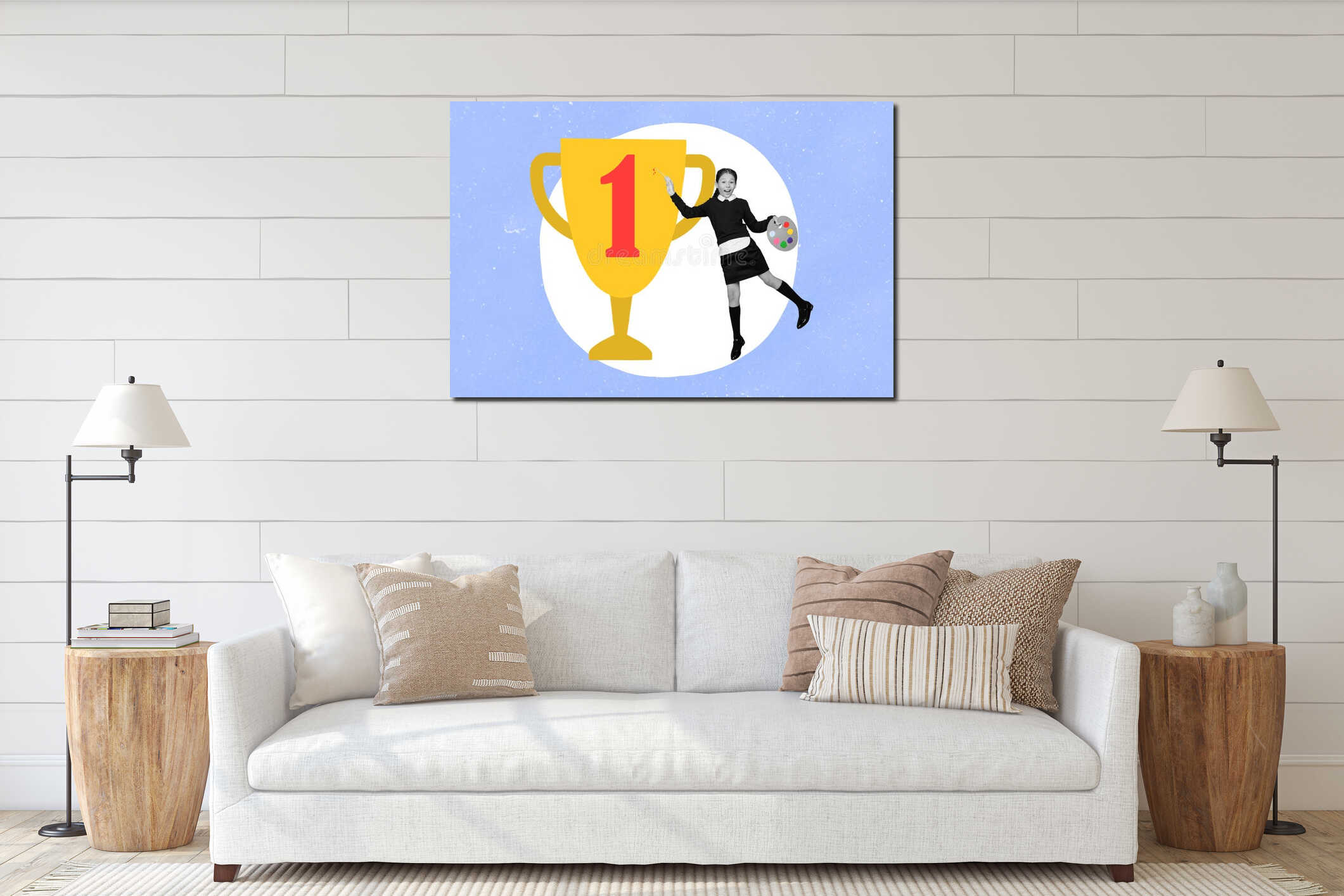 Composite collage illustration of little girl black white gamma hold tassel paint big champion award isolated on interior mockup