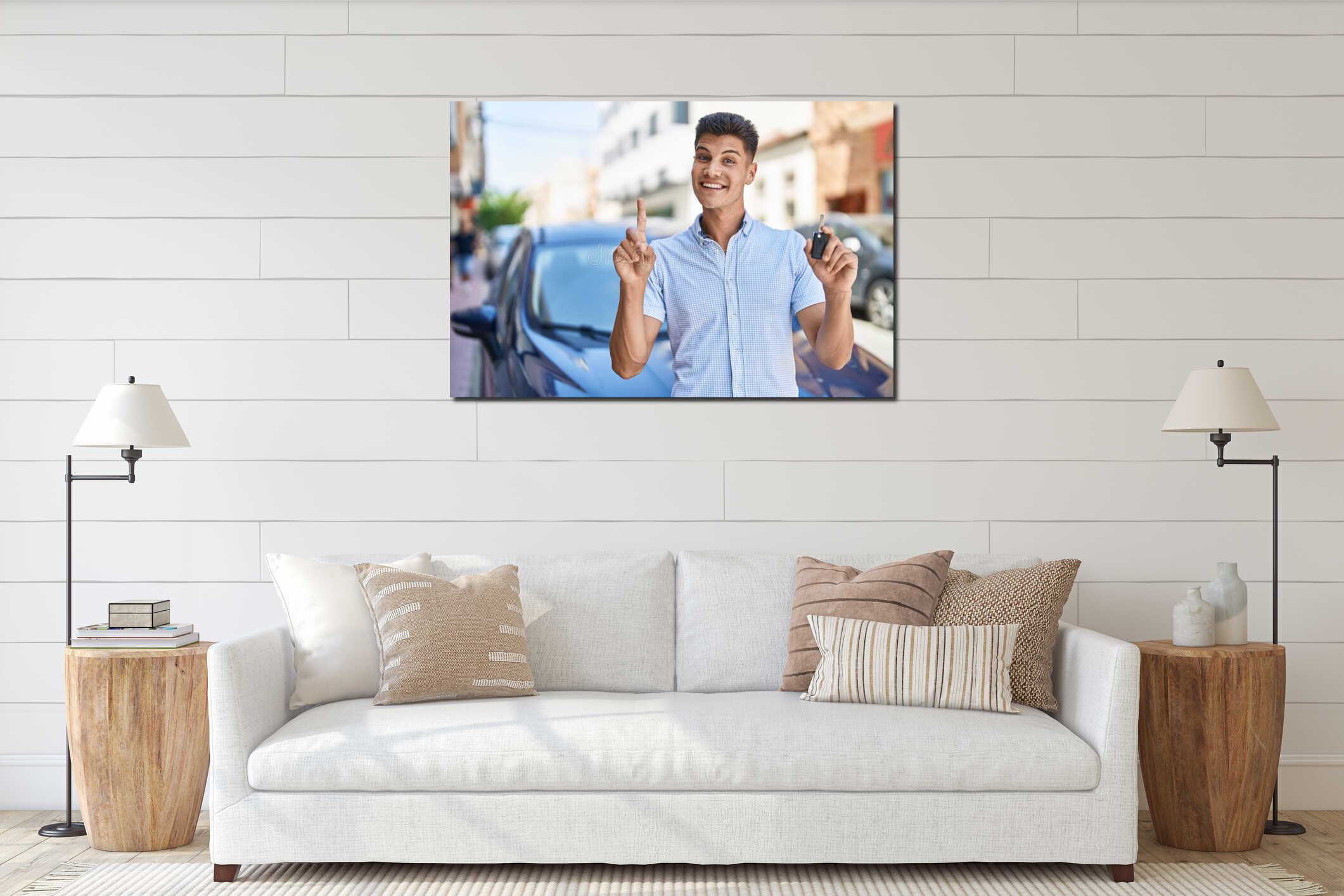 Young hispanic man holding car key smiling with an idea or question pointing finger with happy face, number one interior mockup