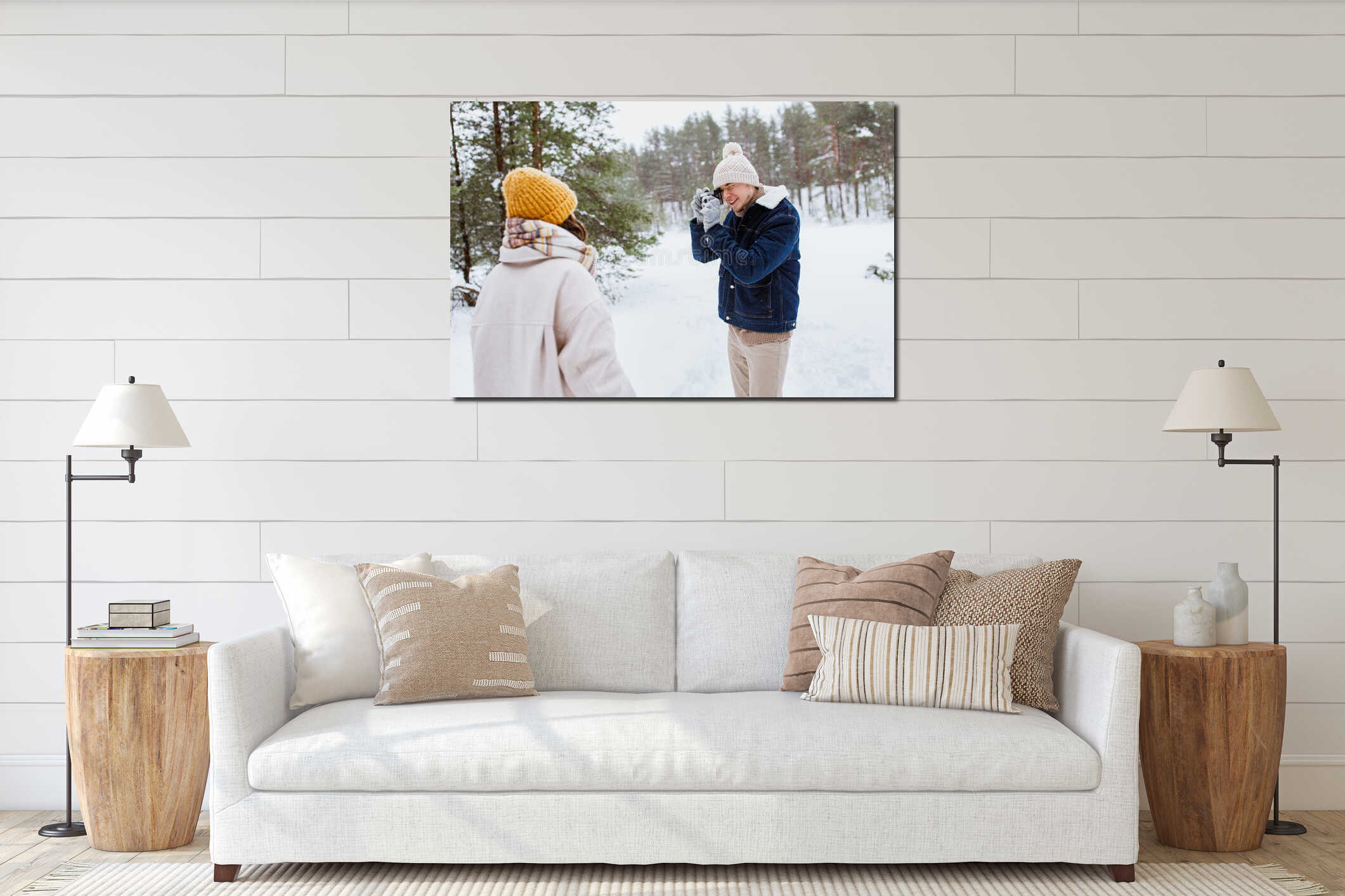 happy man photographing woman in winter forest interior mockup