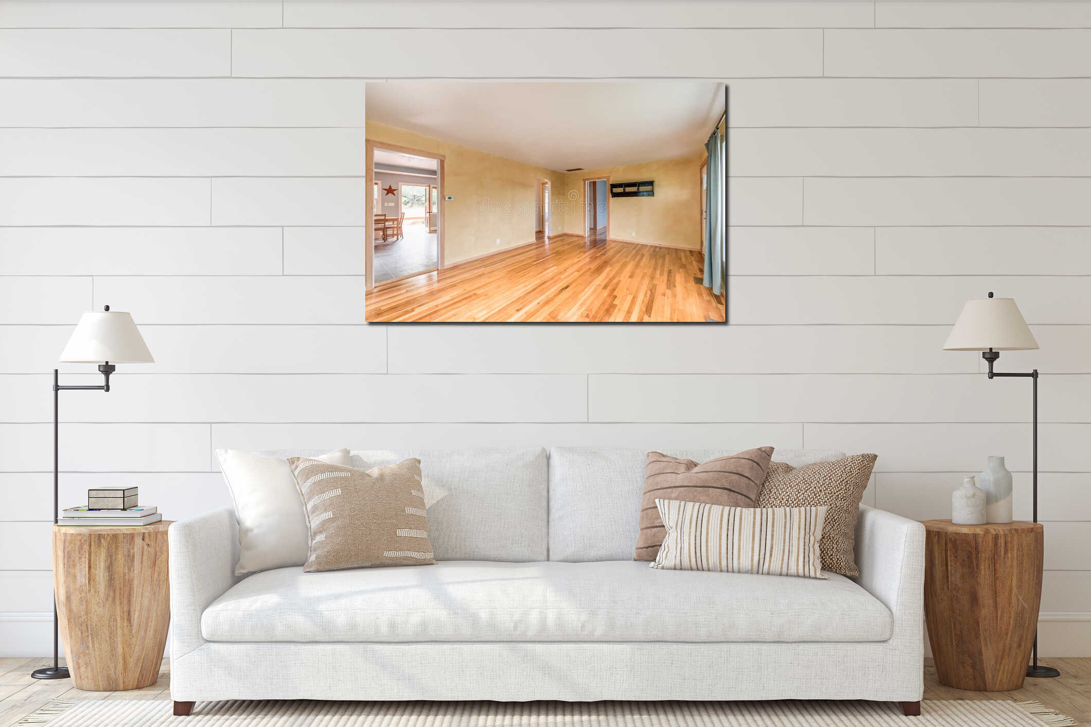 Wood floor light sunny interior living room empty interior mockup