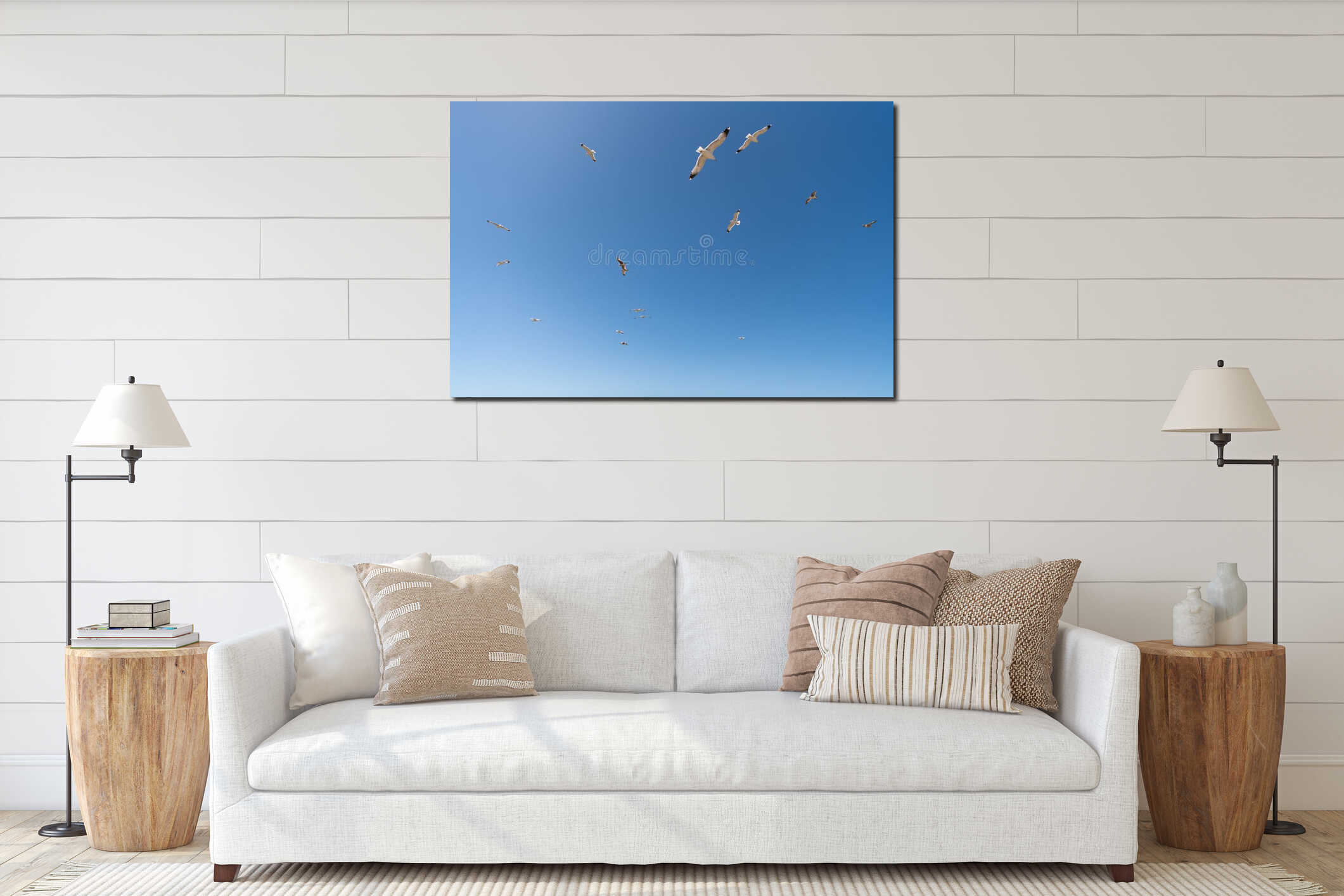 Flock of seagulls gulls seabirds birds flying in blue sky interior mockup