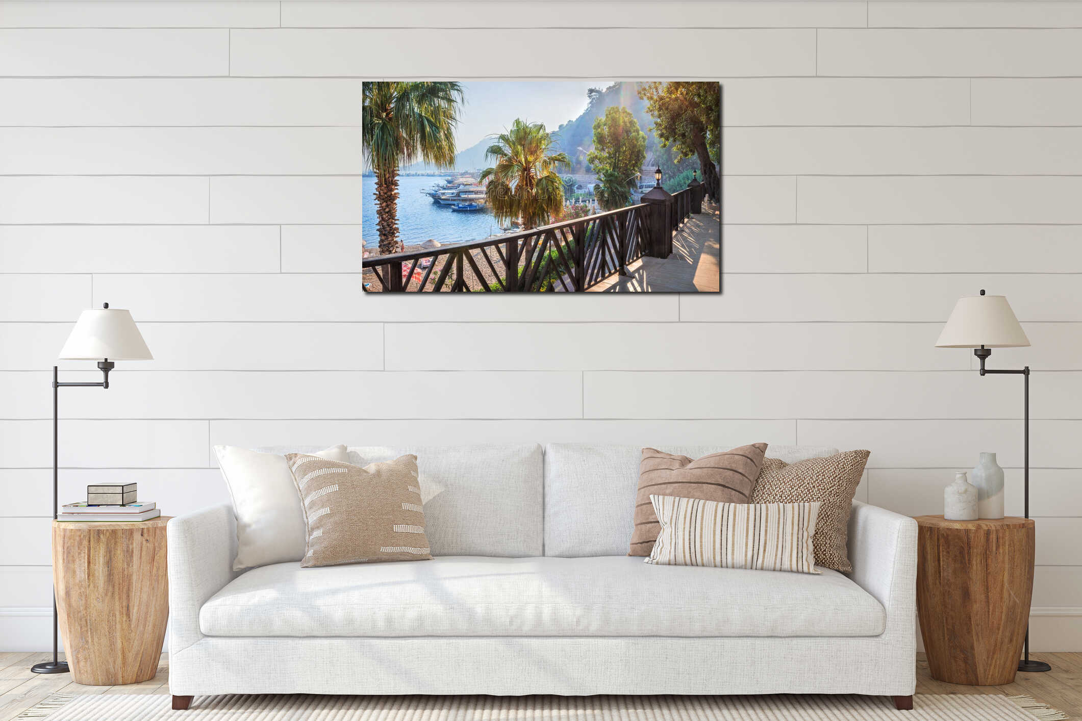 Ships in the sea bay and palm, Marmaris, Turkey interior mockup