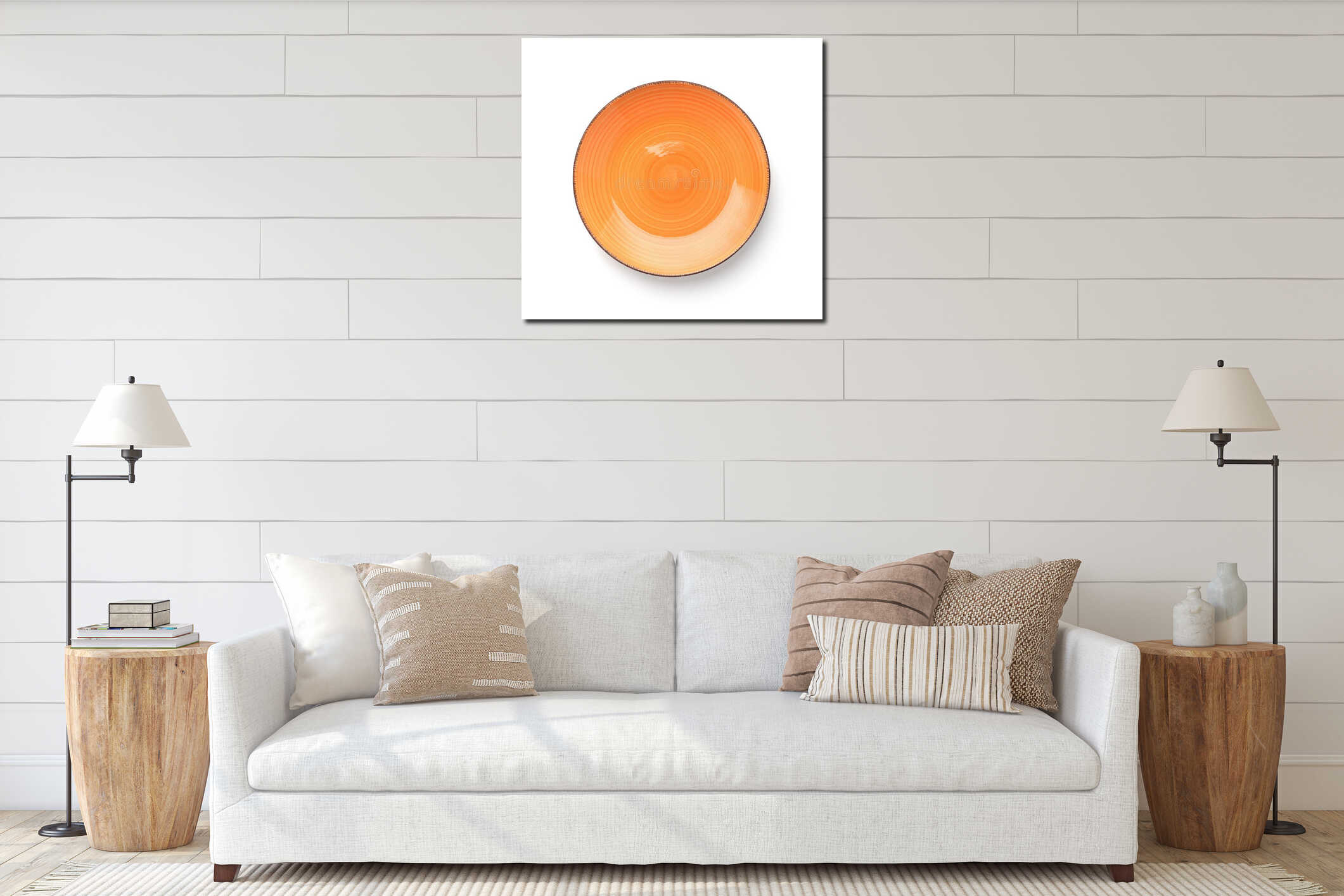 Top view of empty orange ceramic round plate interior mockup