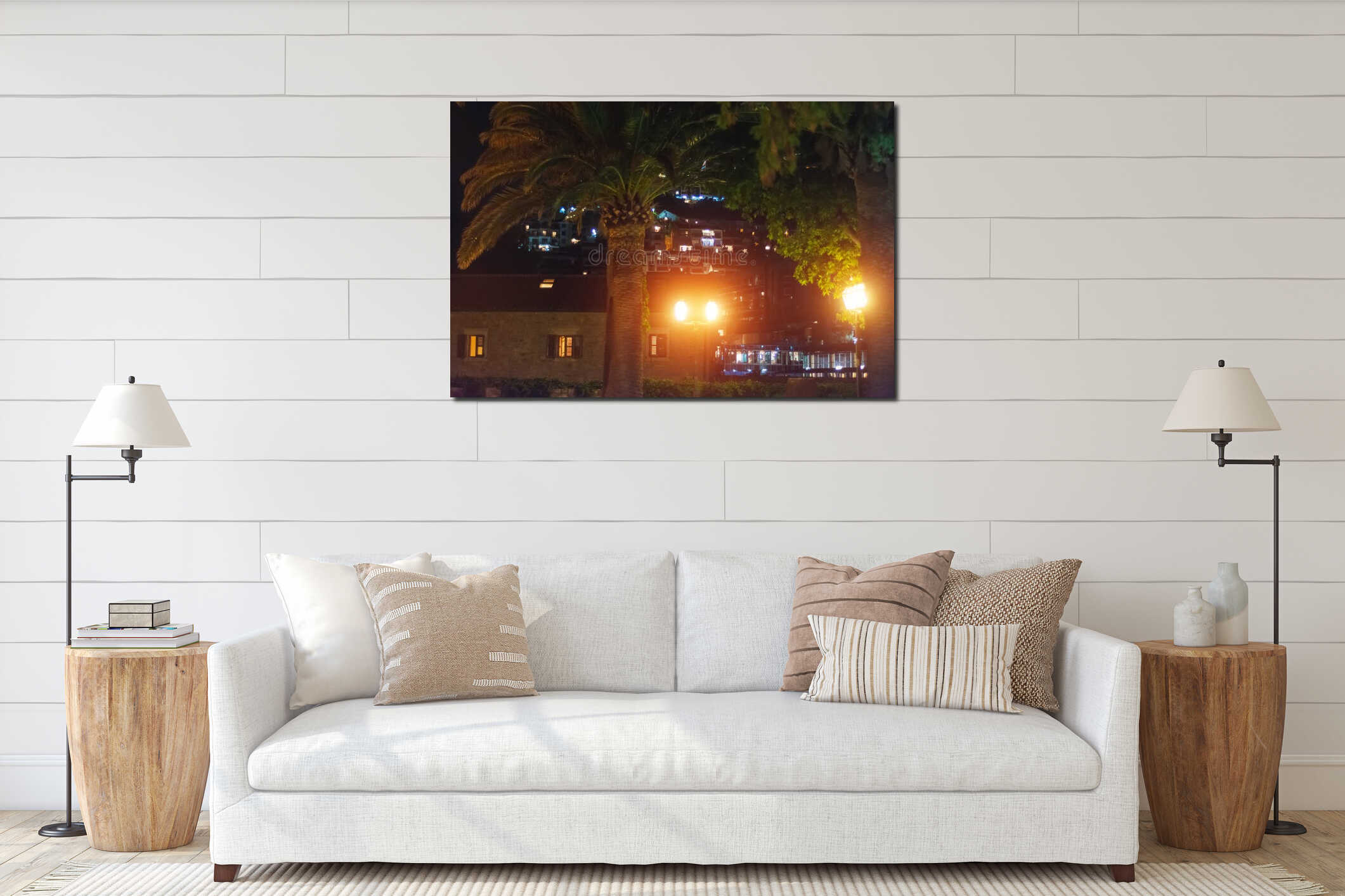 Palm trees in the evening city. Street lit by lanterns interior mockup