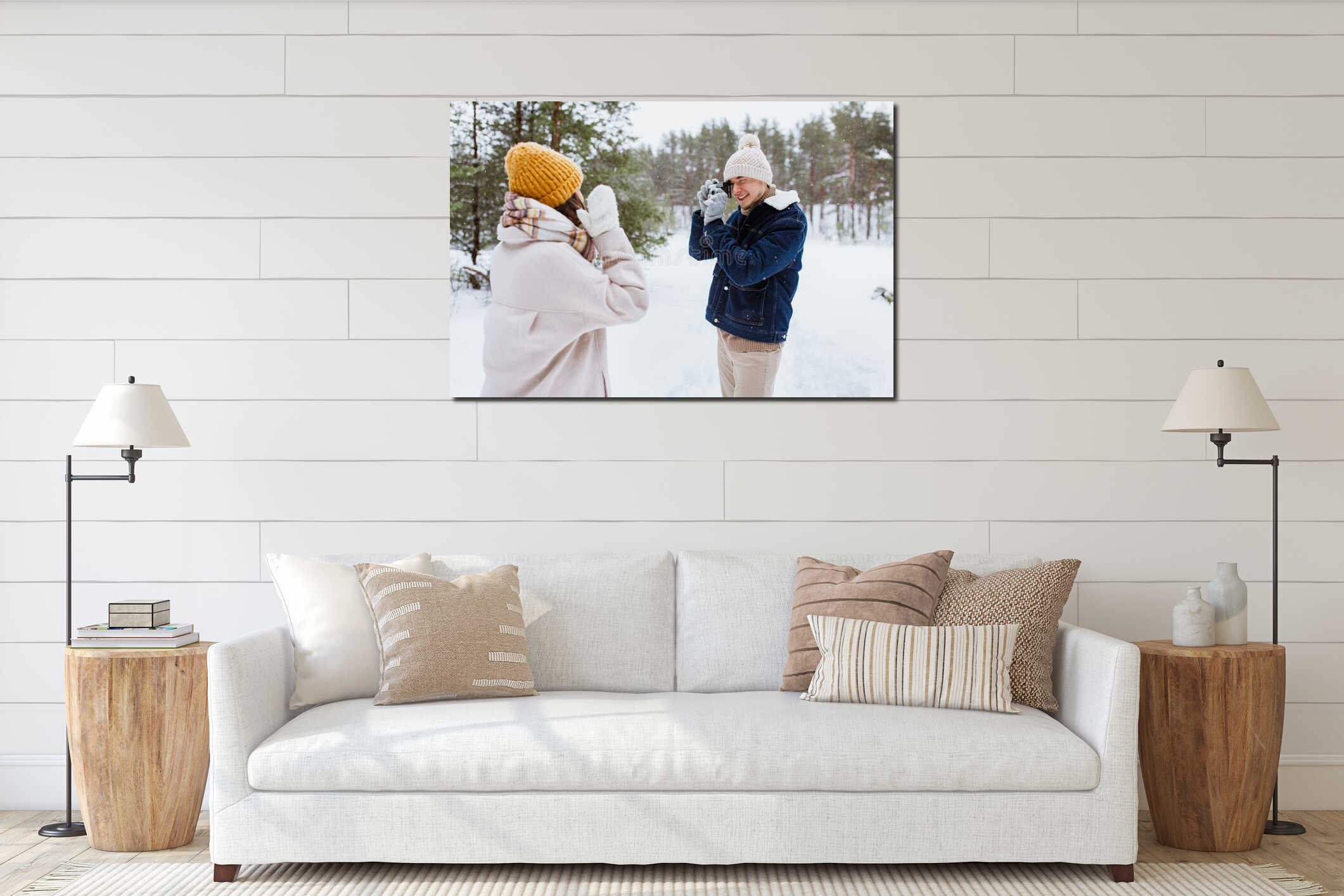 happy man photographing woman in winter forest interior mockup