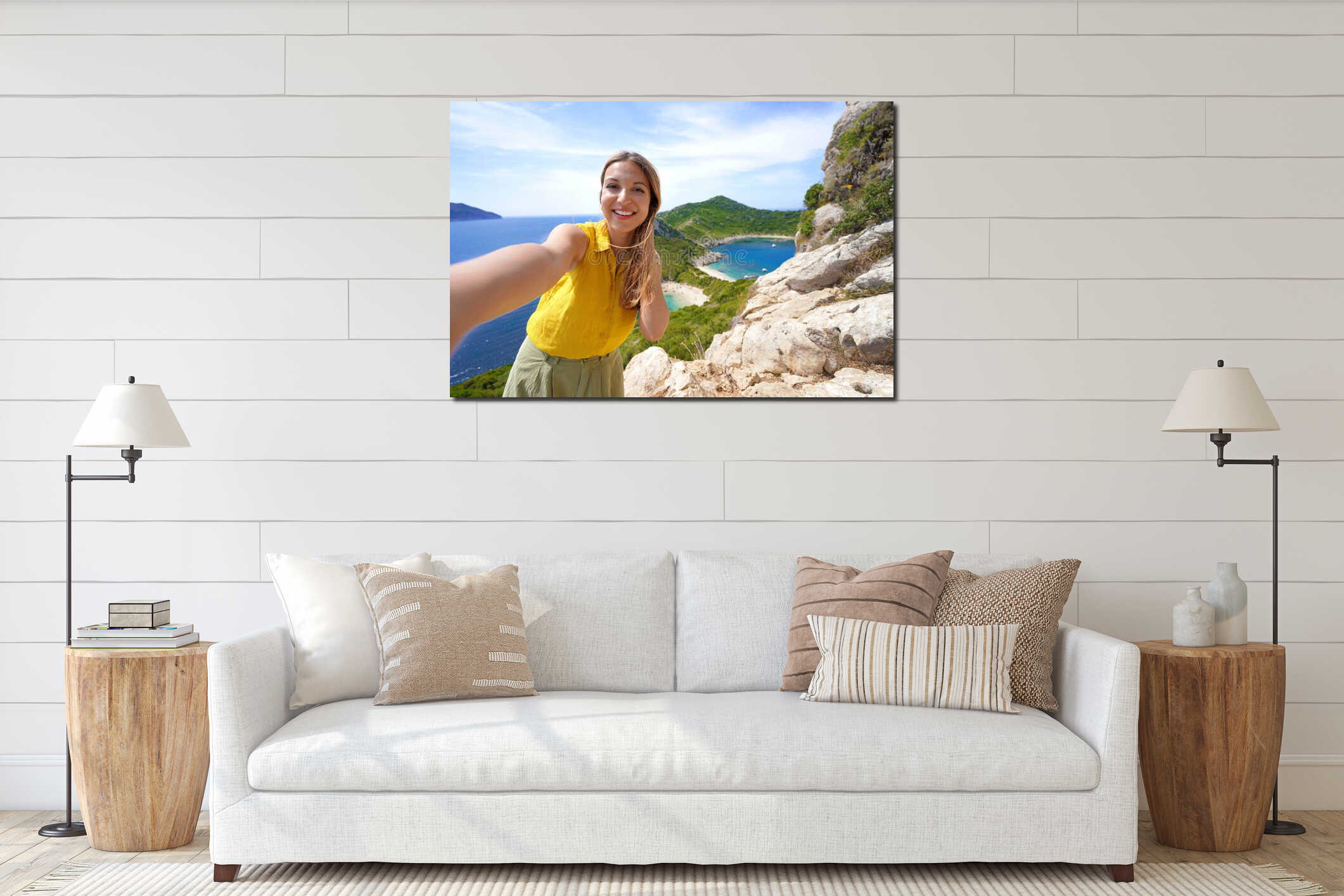 Self portrait of young traveler woman from Porto Timoni Viewpoint in Corfu, Greece interior mockup