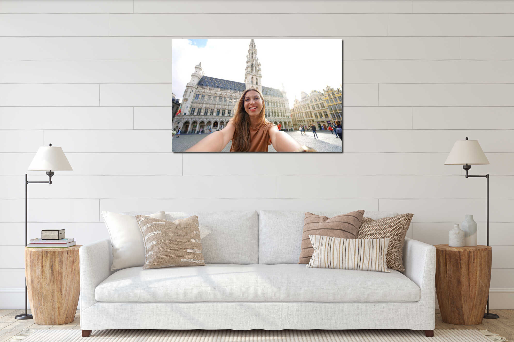 Tourism in Brussels. Self portrait of happy traveler girl have fun in Brussels, Belgium interior mockup