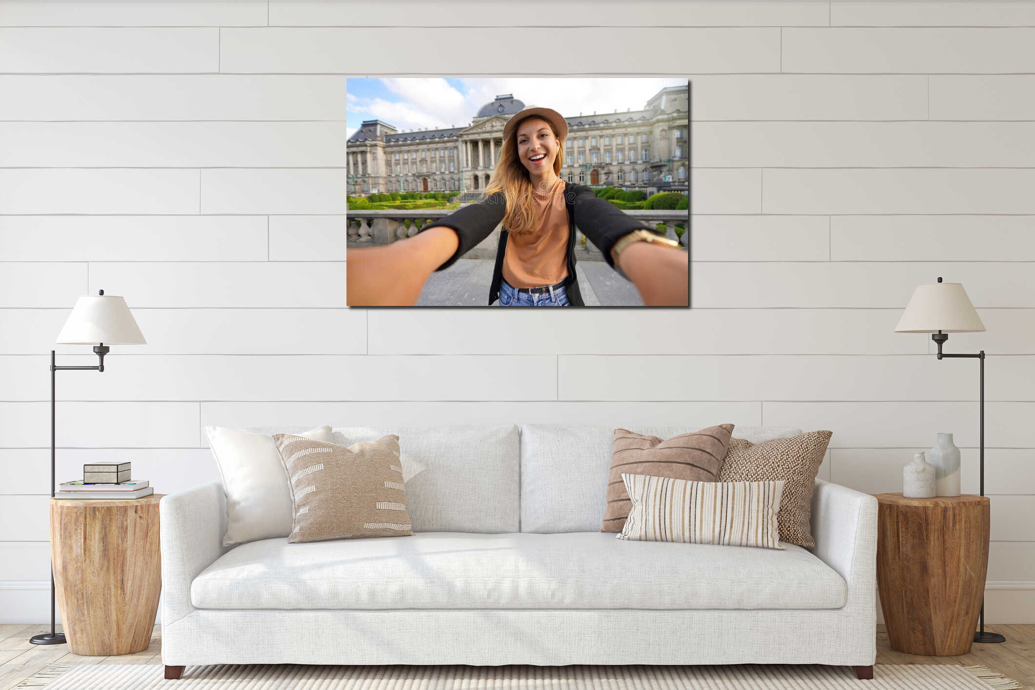 Self portrait of happy traveler woman on sunset with Royal Palace of Brussels on the background, Belgium interior mockup