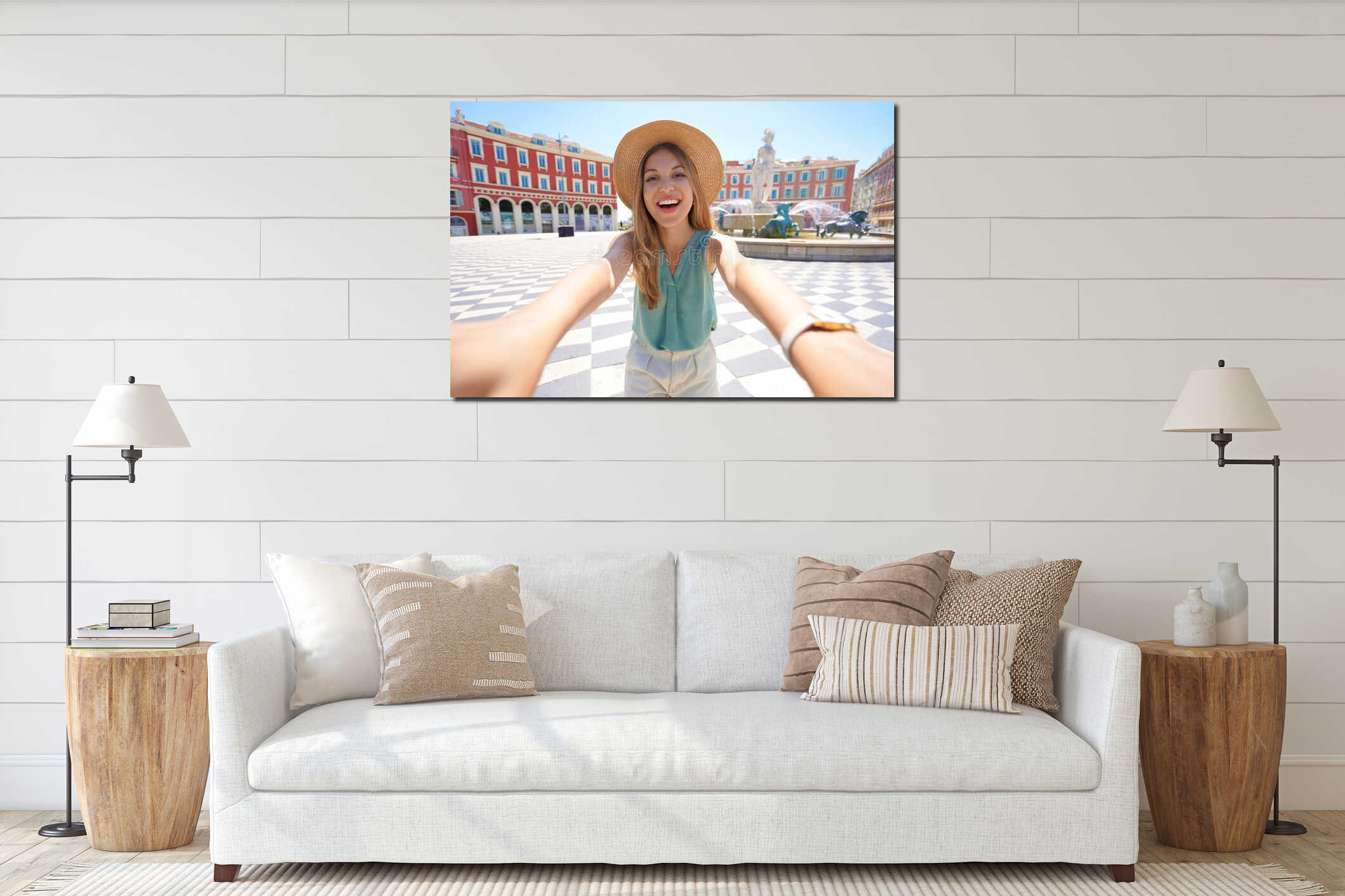 Self portrait of smiling cheerful traveler woman in Massena square, Nice, Cote d`Azur, France interior mockup