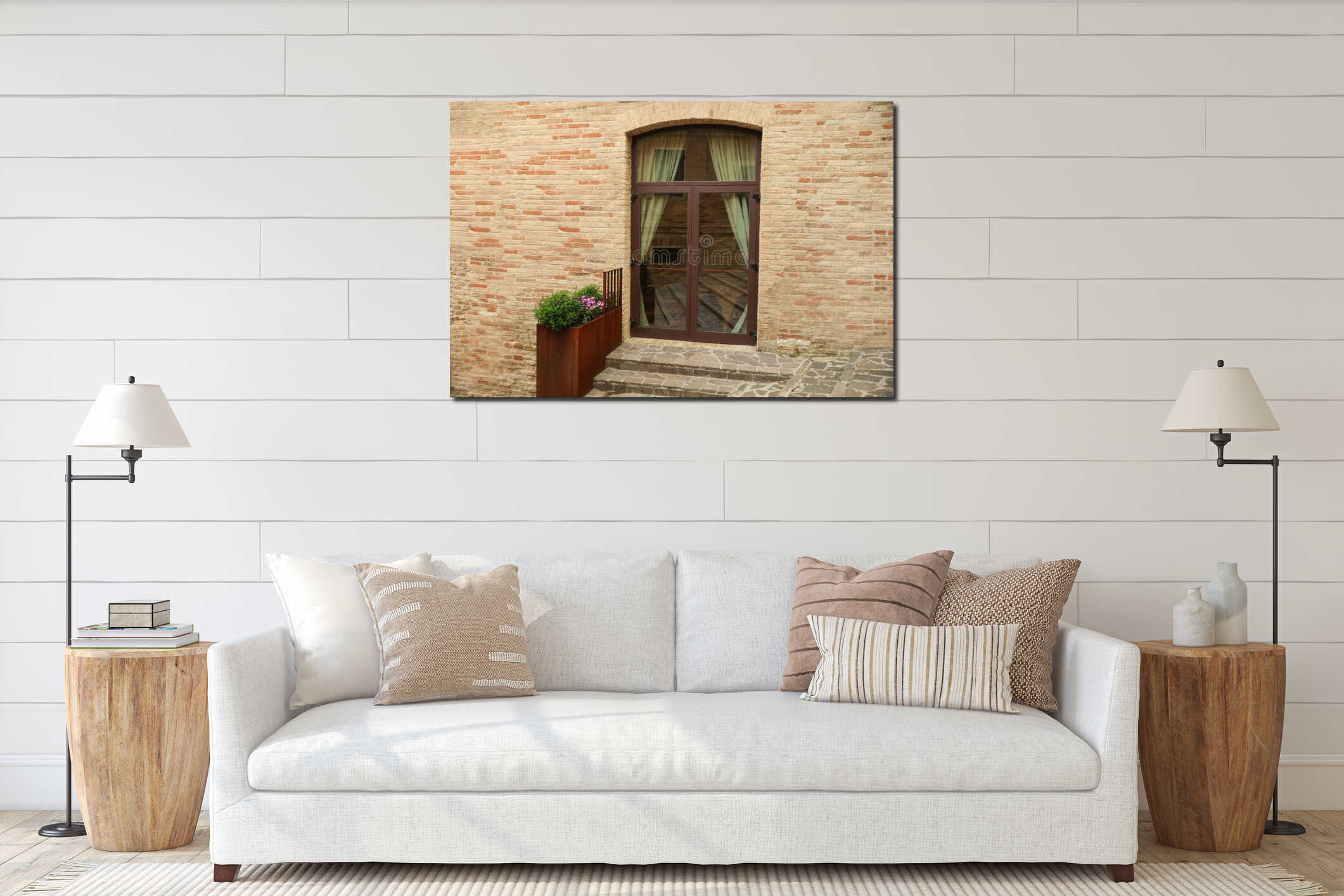 Building entrance with arched wooden door and houseplants interior mockup