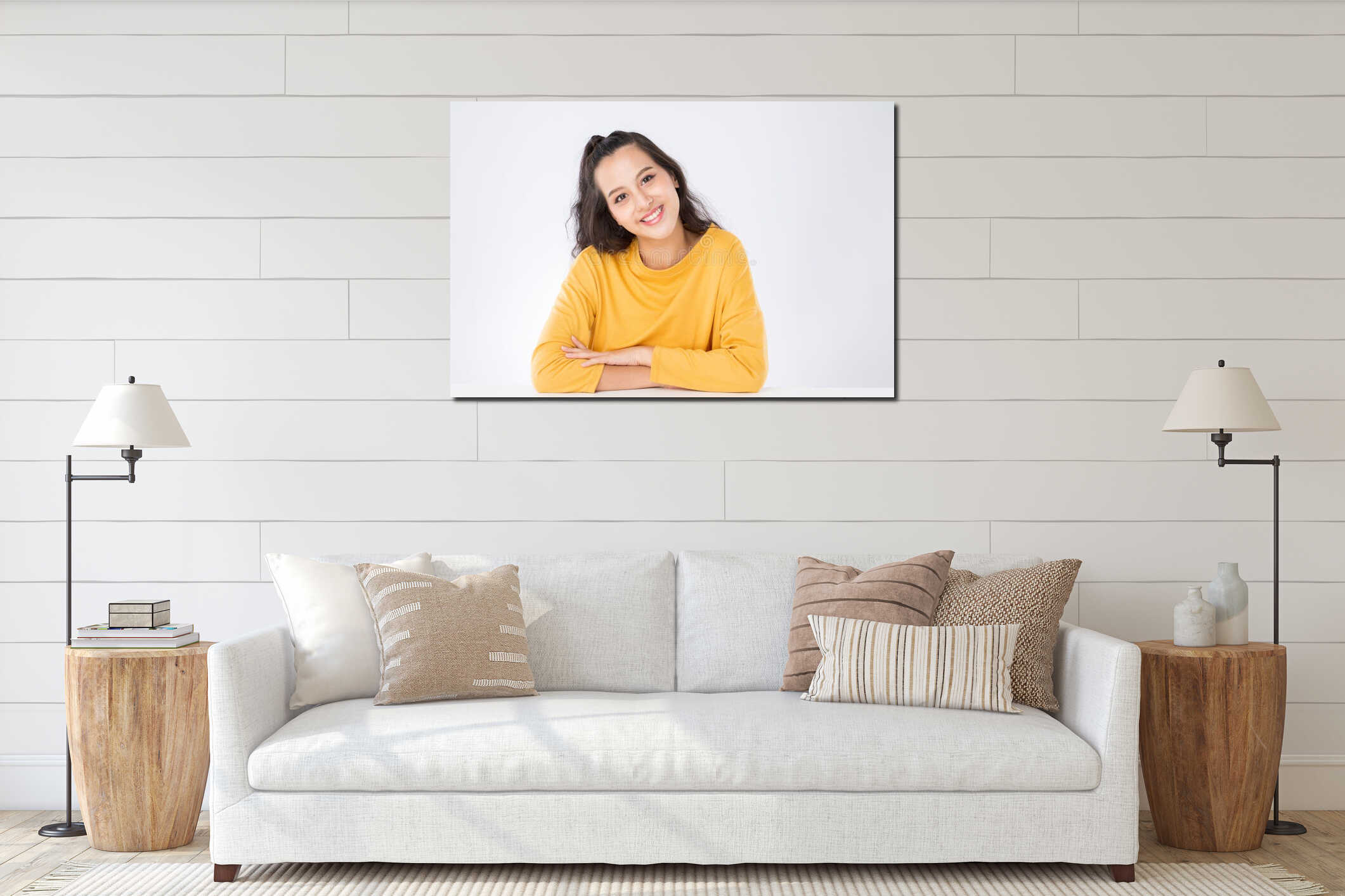 Portrait young beauty Asian woman she wearing a yellow sweater shot isolated on white background. interior mockup
