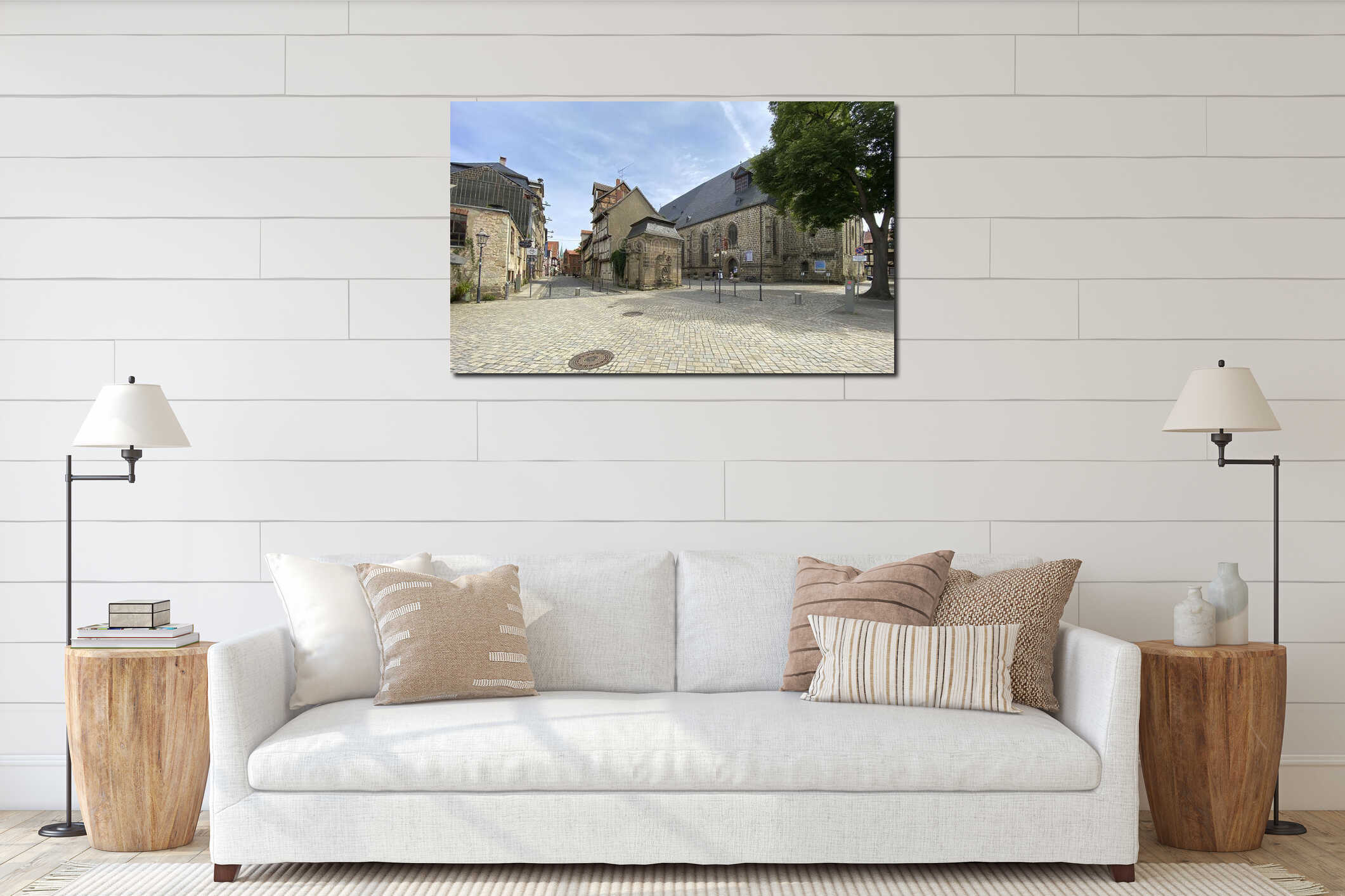 Wide angle panorama of the square in Quedlinburg Germany interior mockup