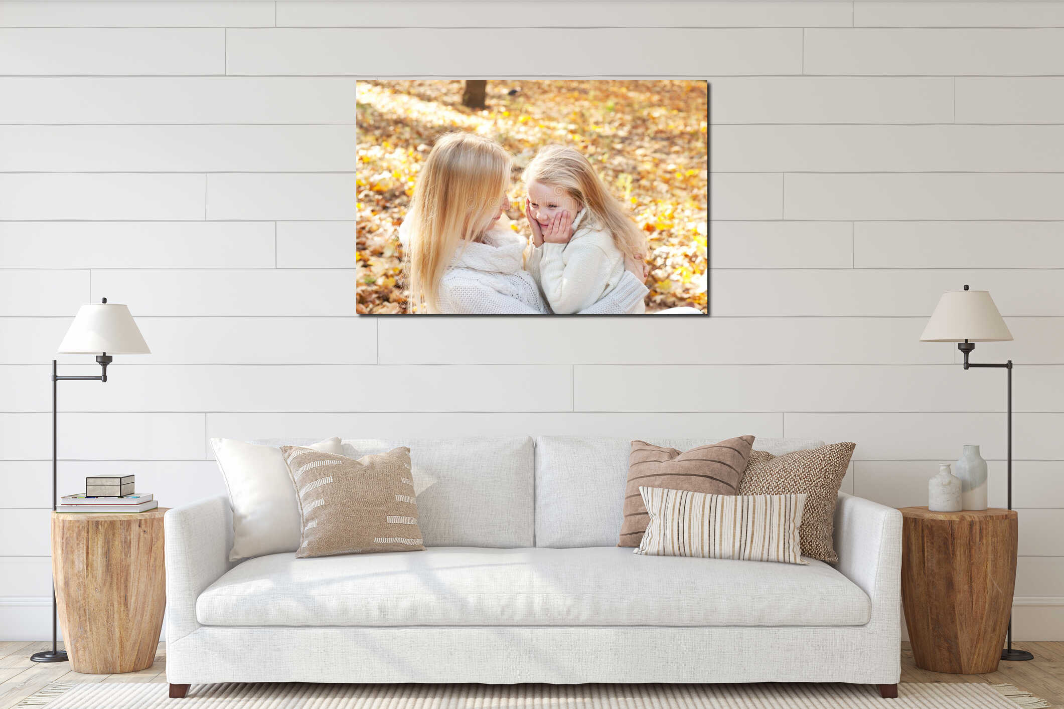 Happy family blonde mother and daughter in forest interior mockup