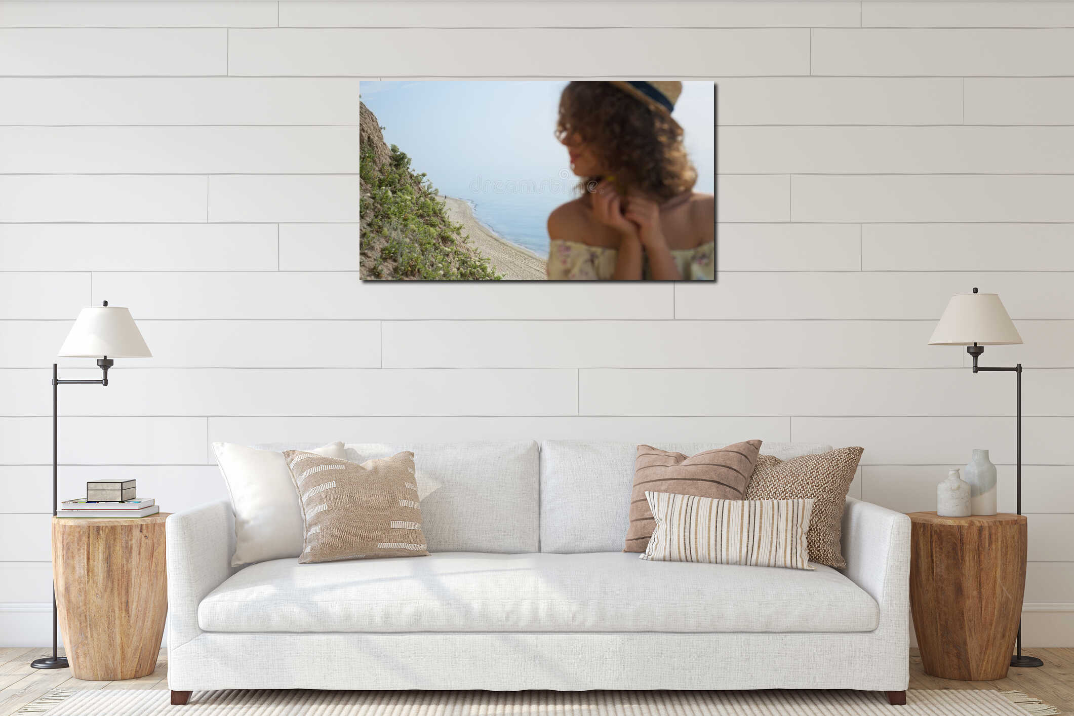 Portrait dreamy girl watching sunny seashore landscape. Lady relax on sand beach interior mockup