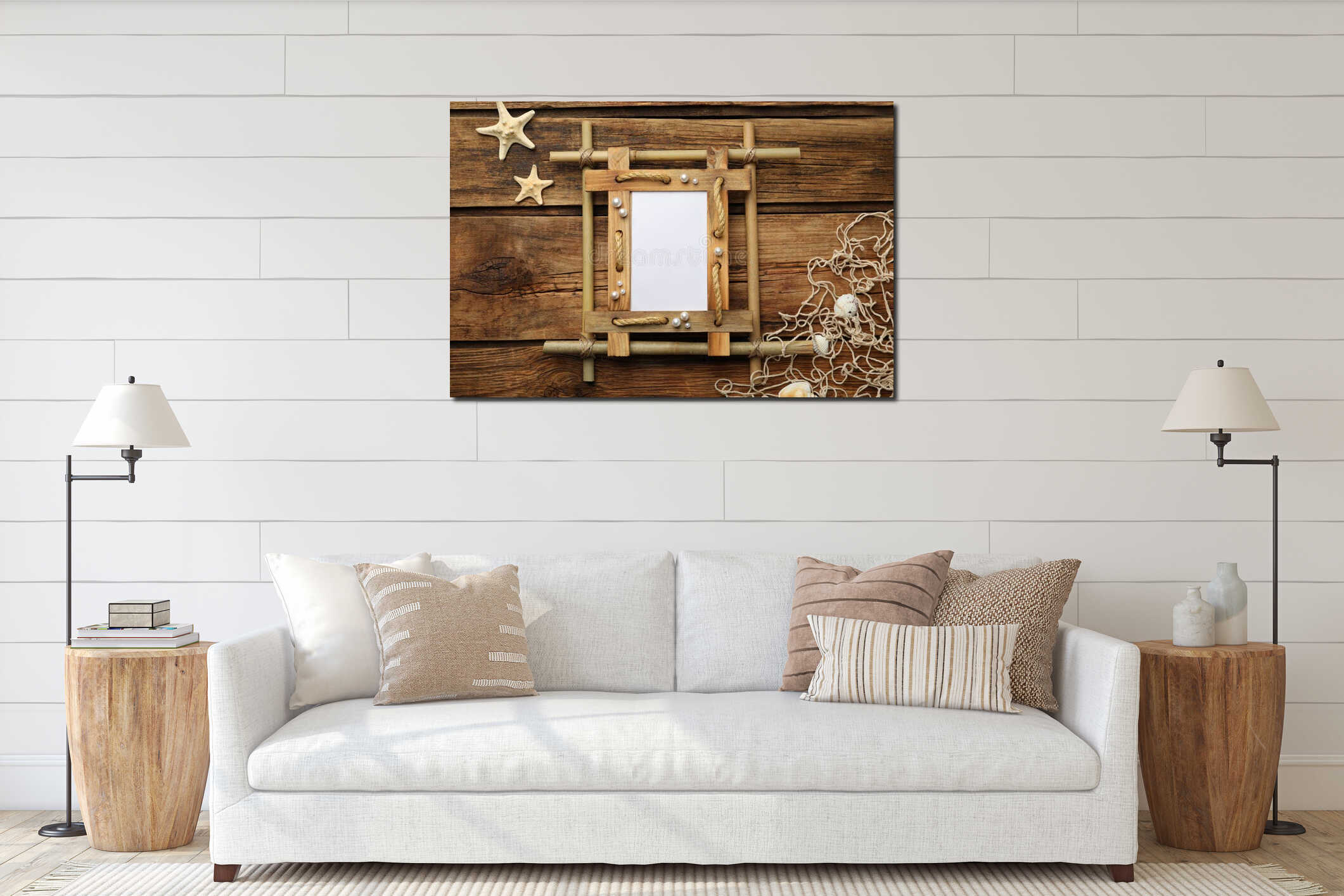 Empty bamboo frame, starfishes, seashells and fishing net on wooden table, flat lay interior mockup