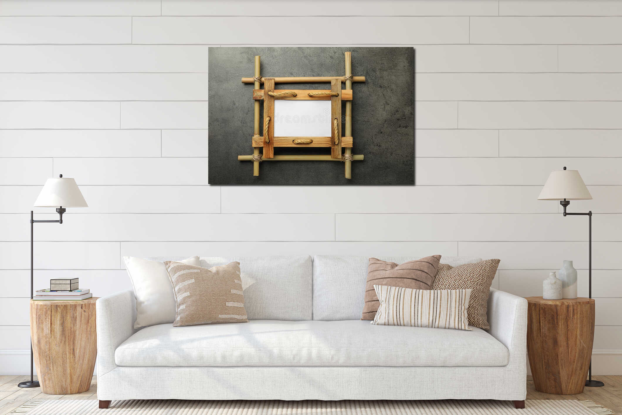 Empty bamboo frame on grey table, top view interior mockup