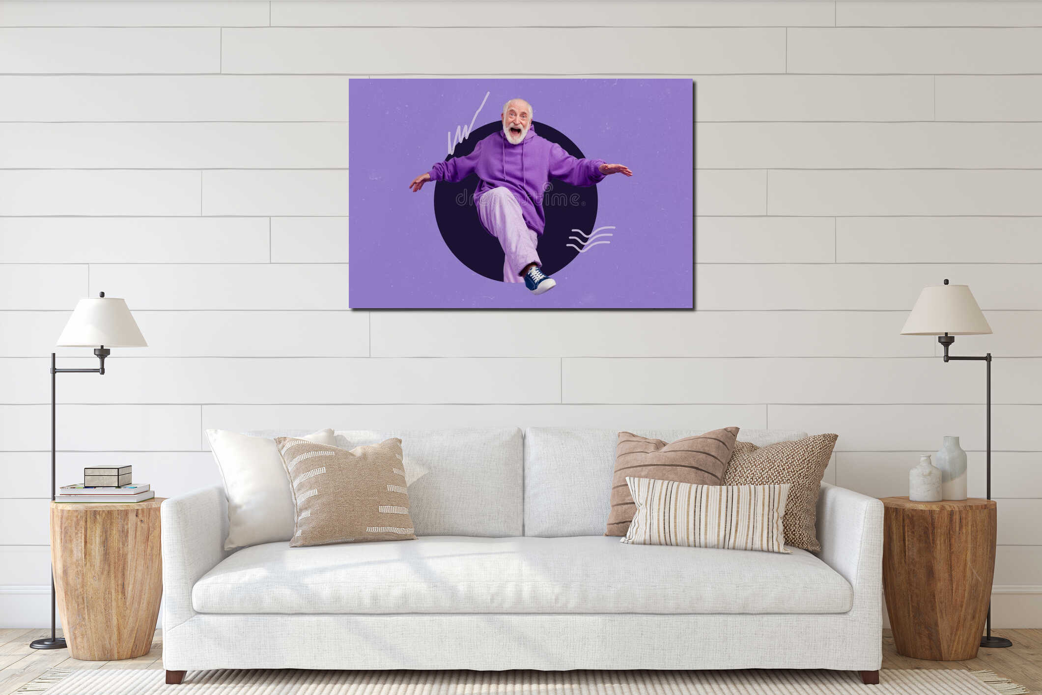 Composite collage portrait of excited positive aged person step out hole isolated on painted purple background interior mockup